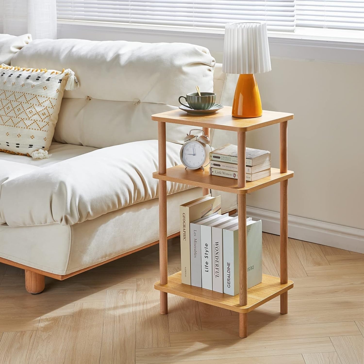 3-Tier Solid Wood Side Table with Storage Shelves - No Assembly Needed