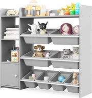 4 Tier Kids Toy Storage Unit with Bins Bookshelf & Cabinet Grey 112x30x100cm
