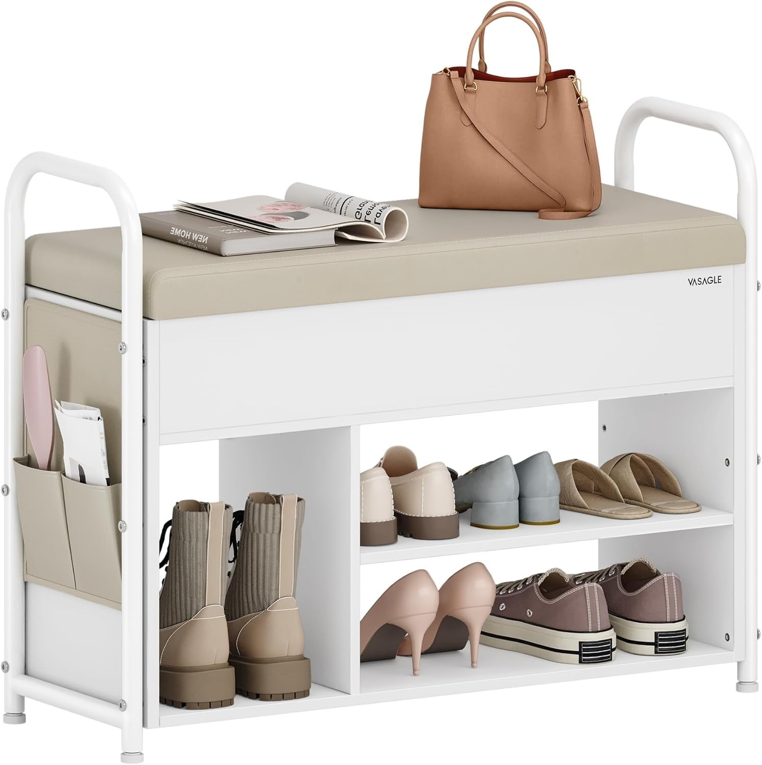 White Shoe Storage Bench with Cushion & Hidden Compartment – Modern Hall Seat