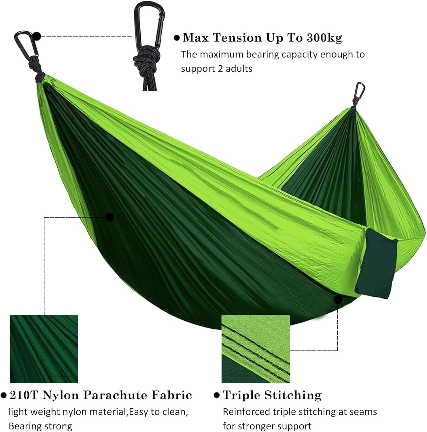Extra Large Portable 2-Person Nylon Camping Hammock with Tree Straps & Carabiner