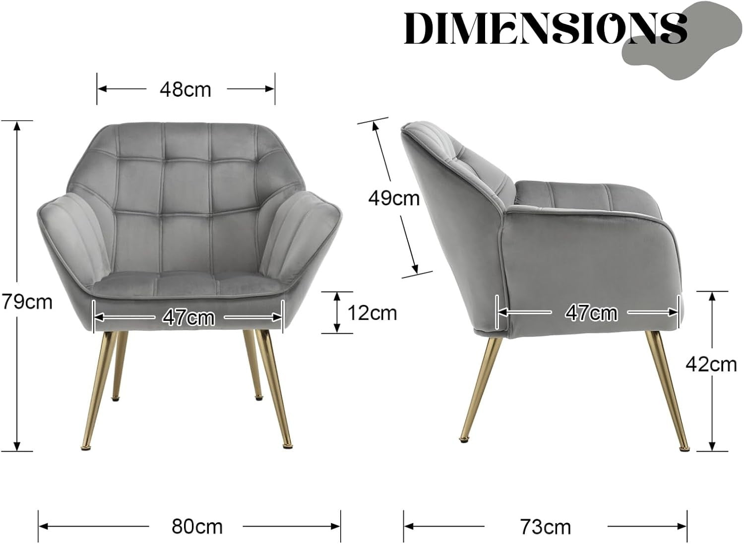 Grey Velvet Accent Armchair Gold Metal Legs Modern Lounge Chair