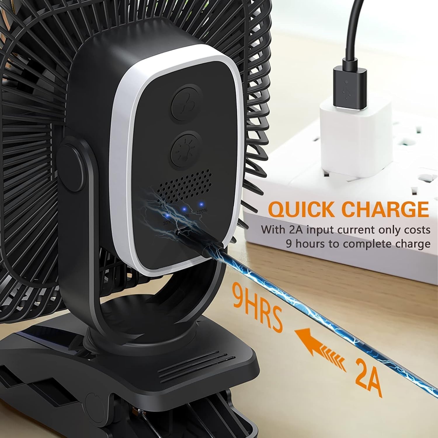 8" Rechargeable Clip-On Fan – 20000mAh Quiet Desk Fan w/ LED Light for Camping