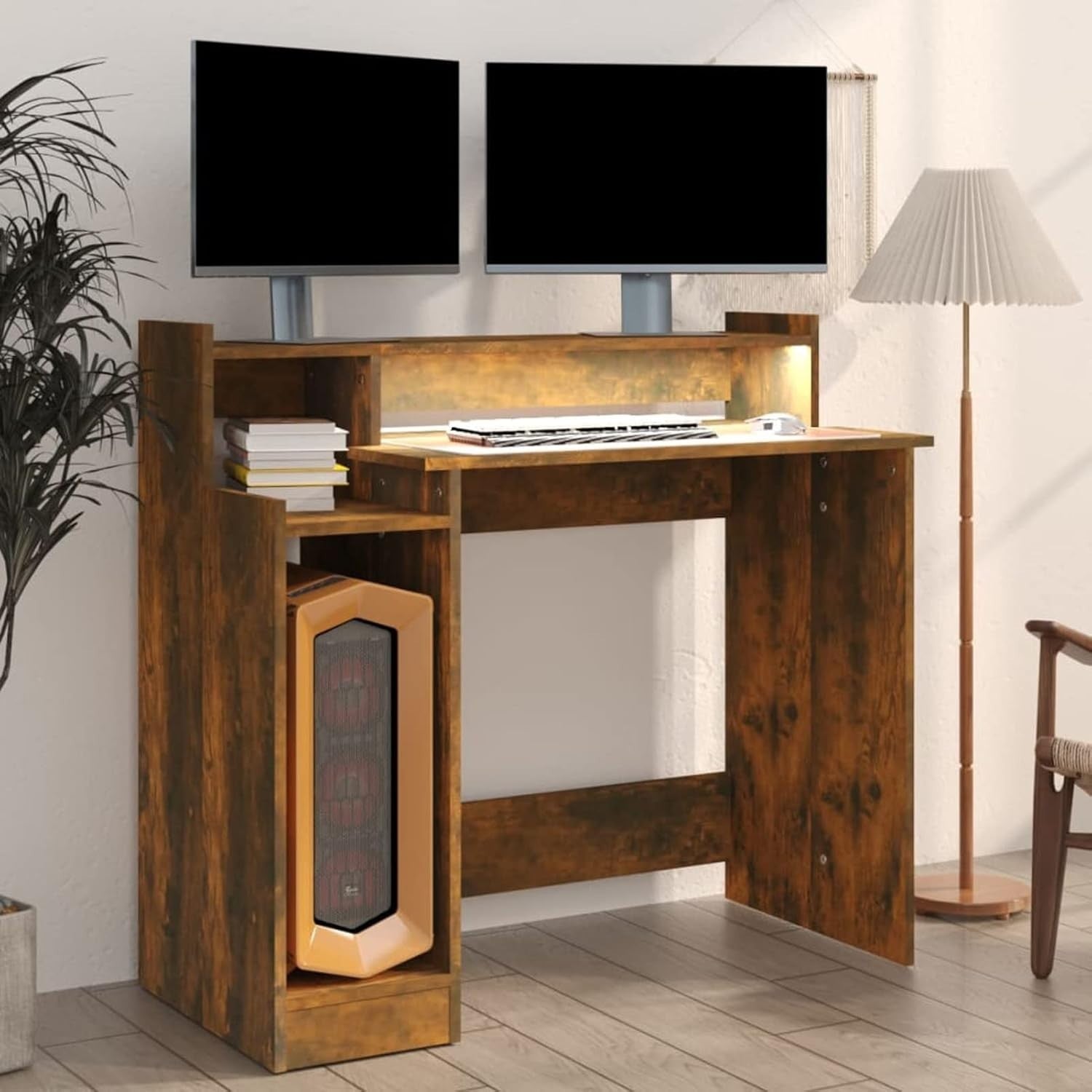 Modern Smoked Oak Computer Desk 97x90cm with LED Lights & Shelf for Office