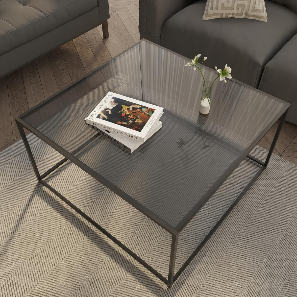 Modern Square Glass Coffee Table with Sturdy Metal Frame 67x67x40cm