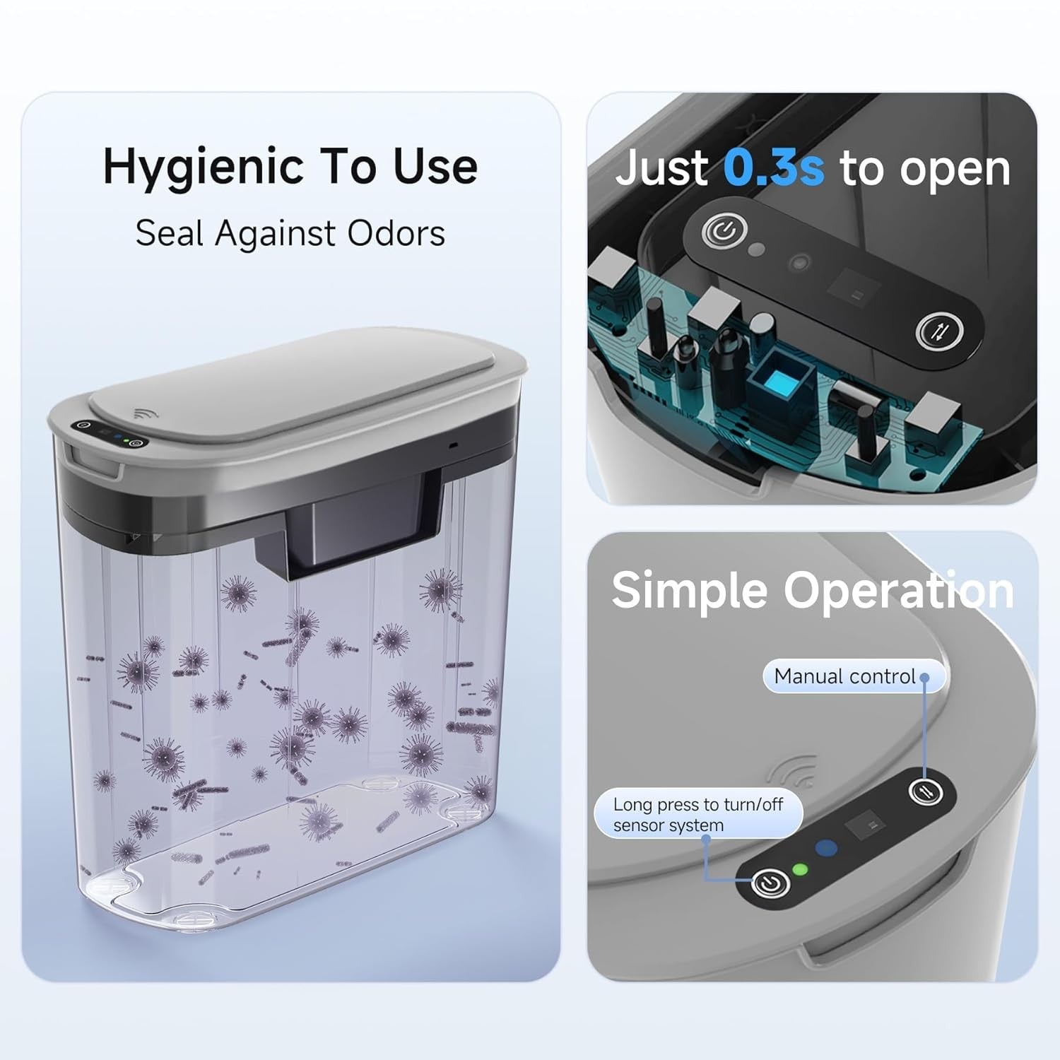 Automatic Touchless Bathroom Bin 2.6 Gallon Slim Motion Sensor Grey