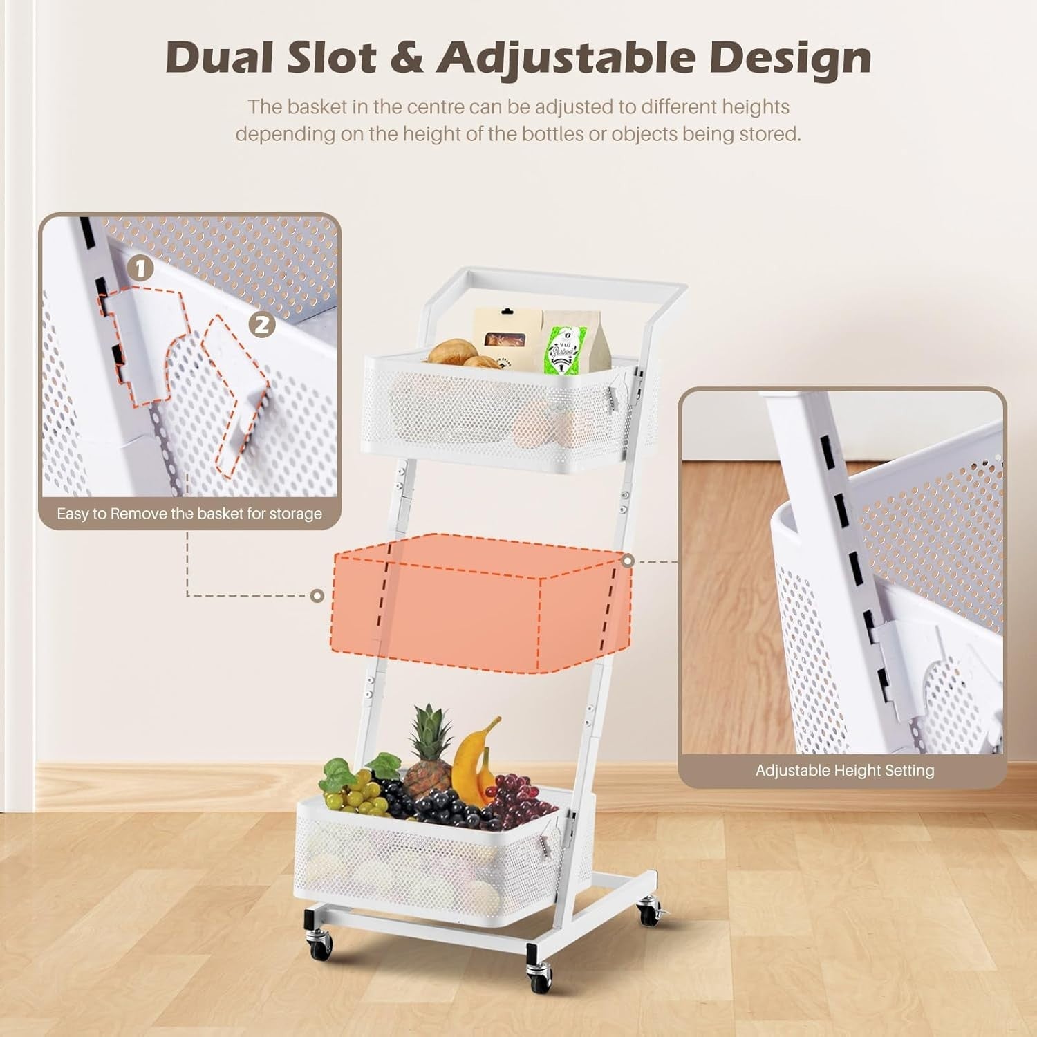 3 Tier Rolling Utility Cart Metal Storage Trolley w Wheels Kitchen Rack