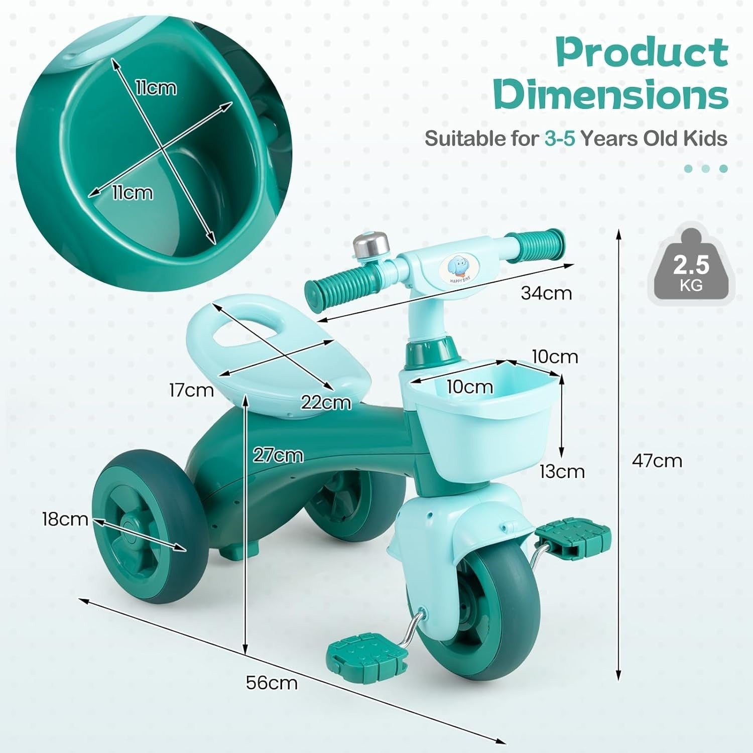 Toddler Tricycle 3 Wheel Kids Trike Balance Bike Basket Storage Age 3-5