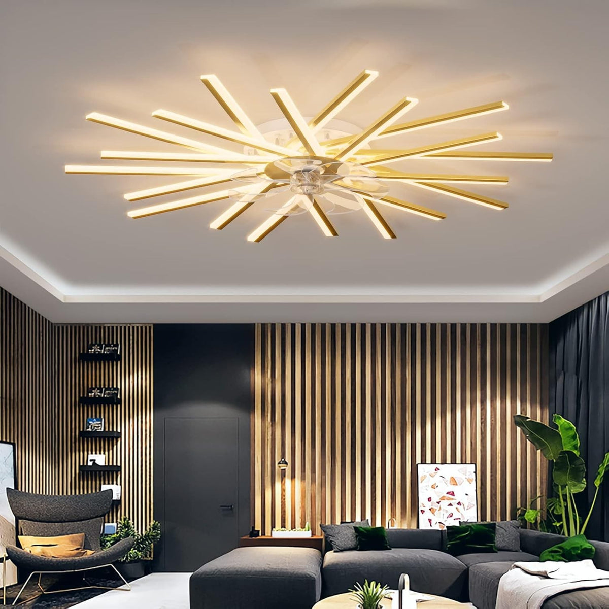 LJX 100cm Ceiling Fan with LED Light, Remote & App, 6 Speeds, Dimmable, Gold