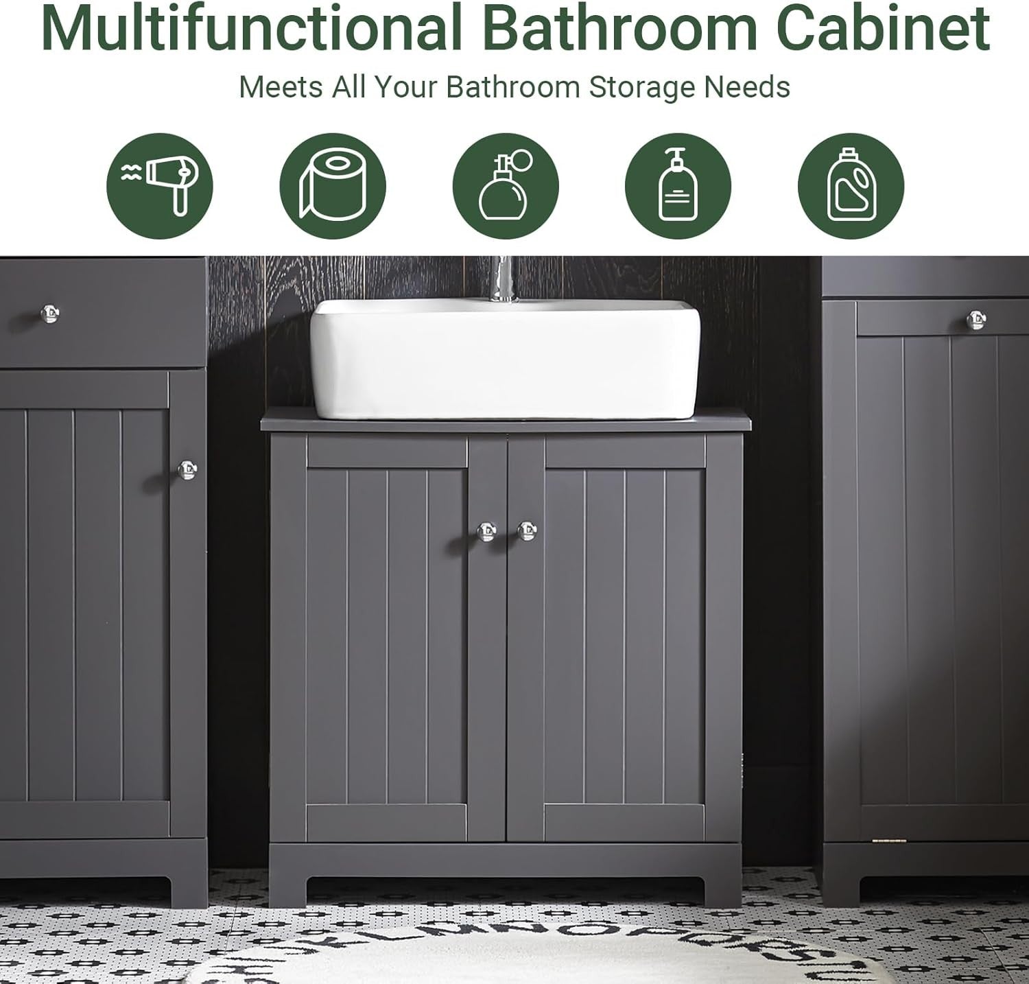 Dark Grey Bathroom Vanity Unit Under Sink Storage Cabinet Cupboard with Shelf