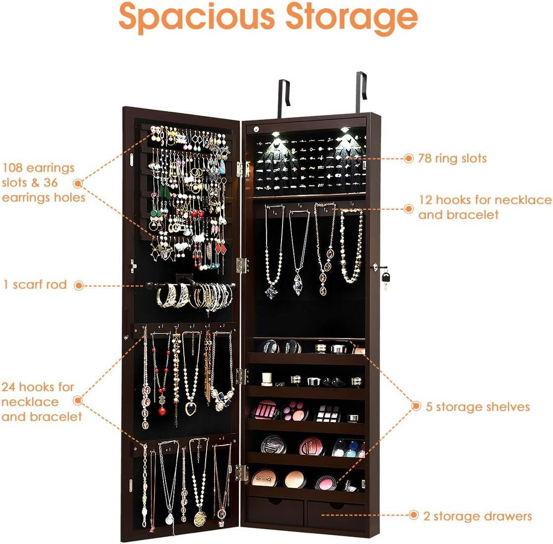 Wall Mount Jewelry Armoire LED Full Length Mirror Lockable Storage Brown