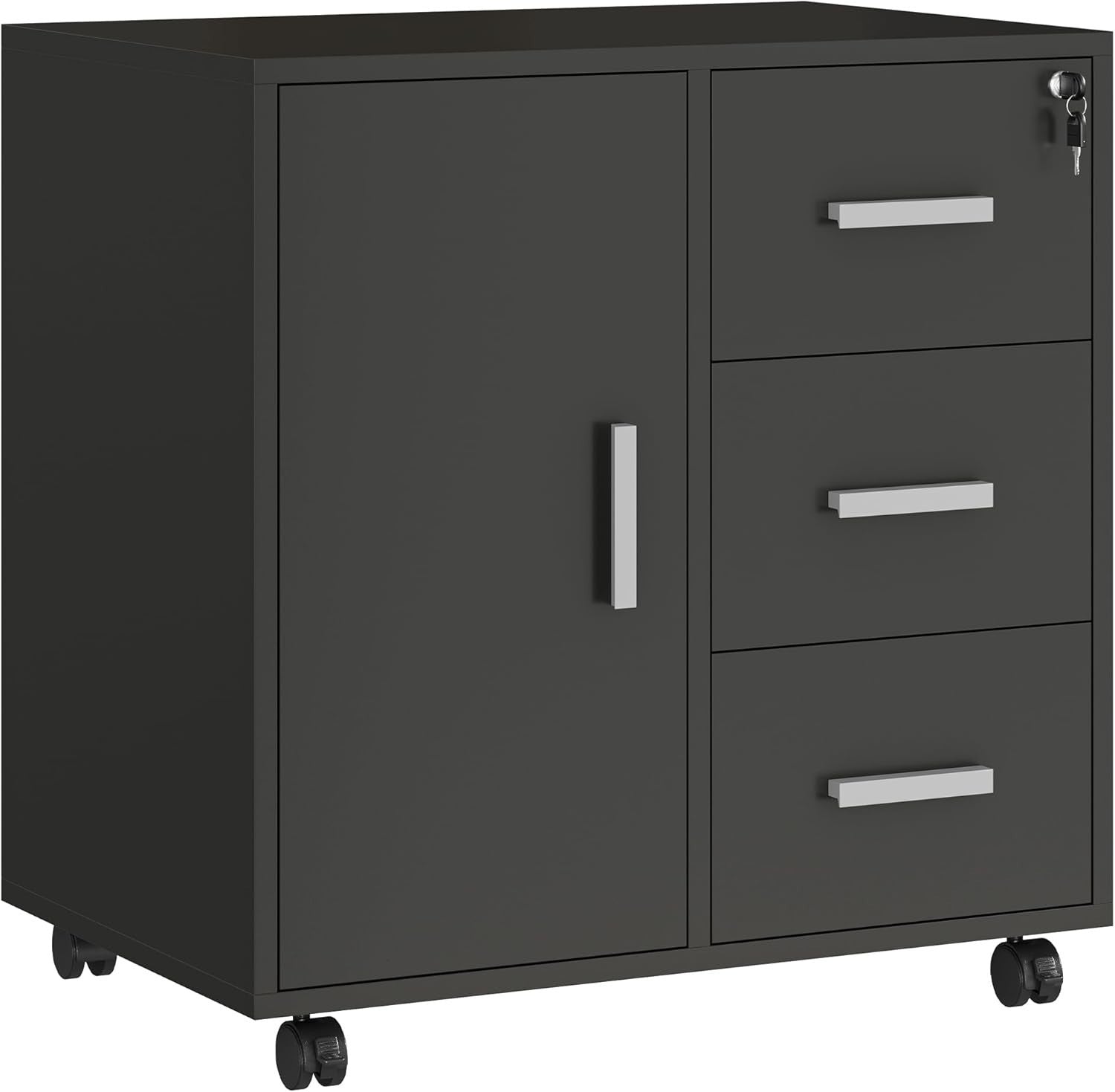 Locking Rolling Office Cabinet 3 Drawer Printer Stand Storage Unit Black