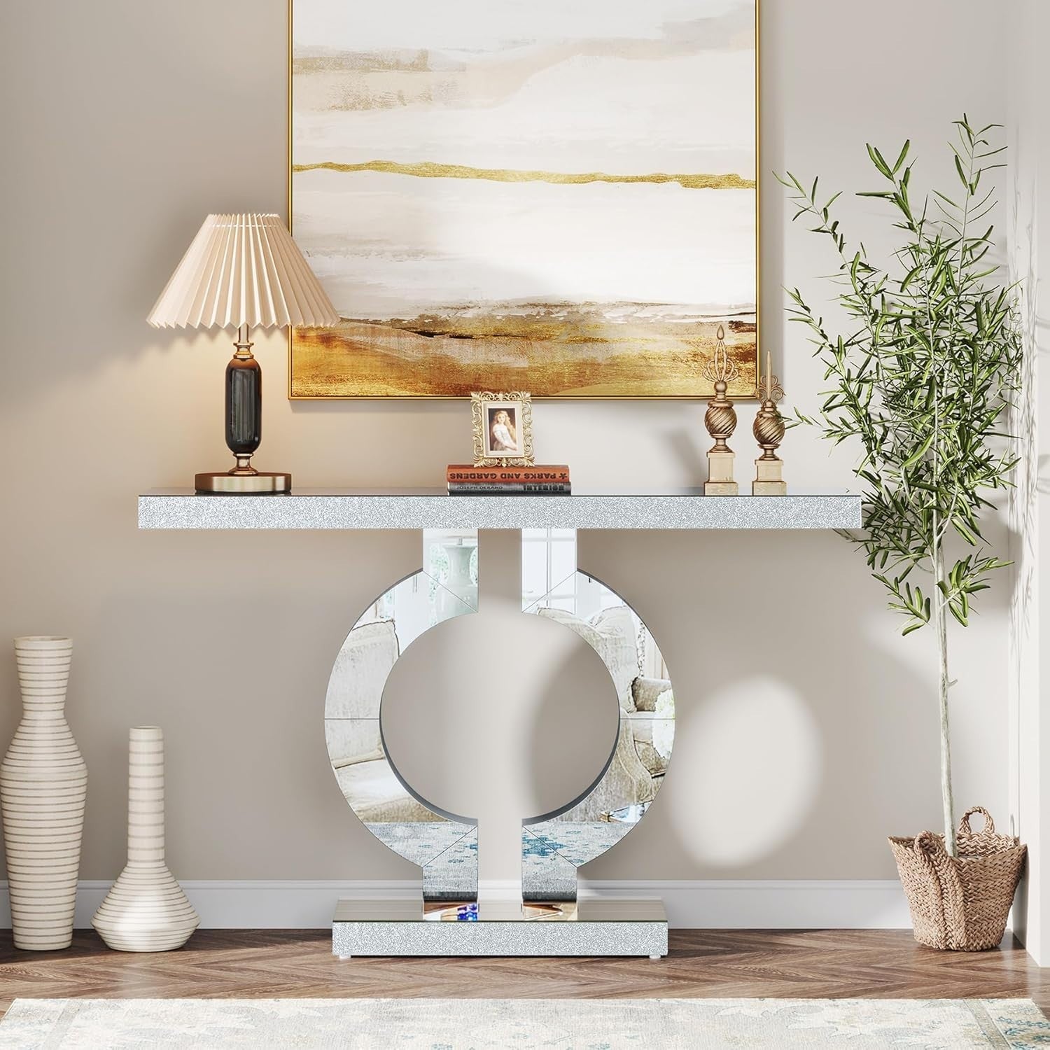 Mirror Console Table Glass Hallway Entryway Desk O-Shape Base 43” Elegant