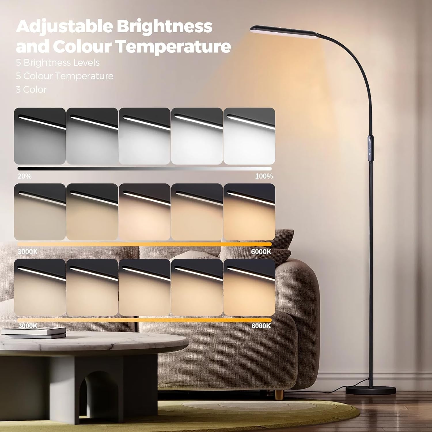 LED Floor Lamp Reading Light Touch Dimmable Gooseneck Adjustable Standing Lamp