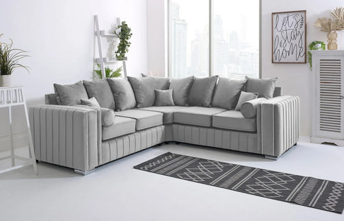 Light Grey Velvet Corner Sofa 5 Seater L Shape 2C2 Couch Chrome Legs