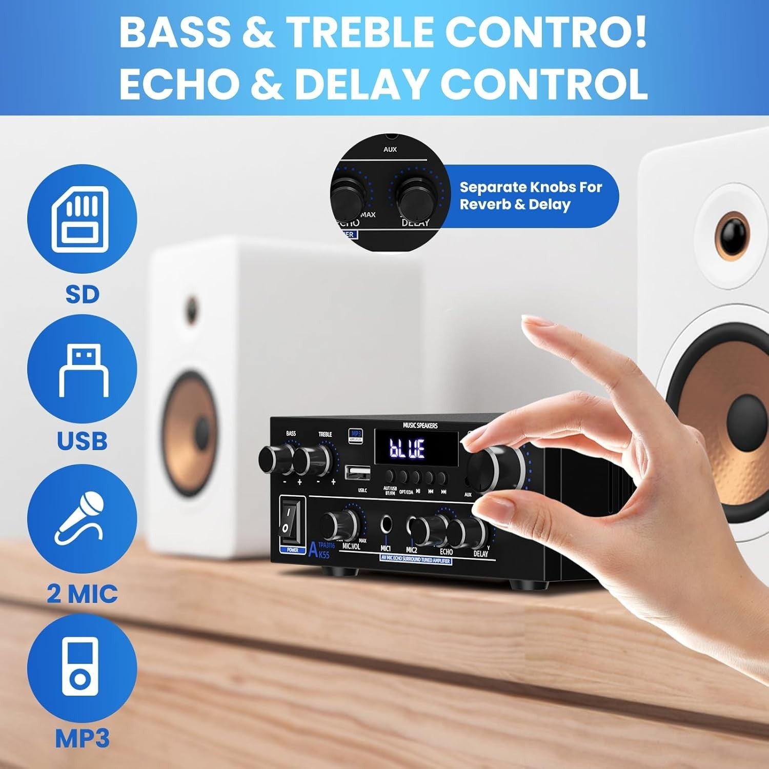 1000W Bluetooth 5.3 Stereo Amplifier 2 Channel HiFi USB FM MIC