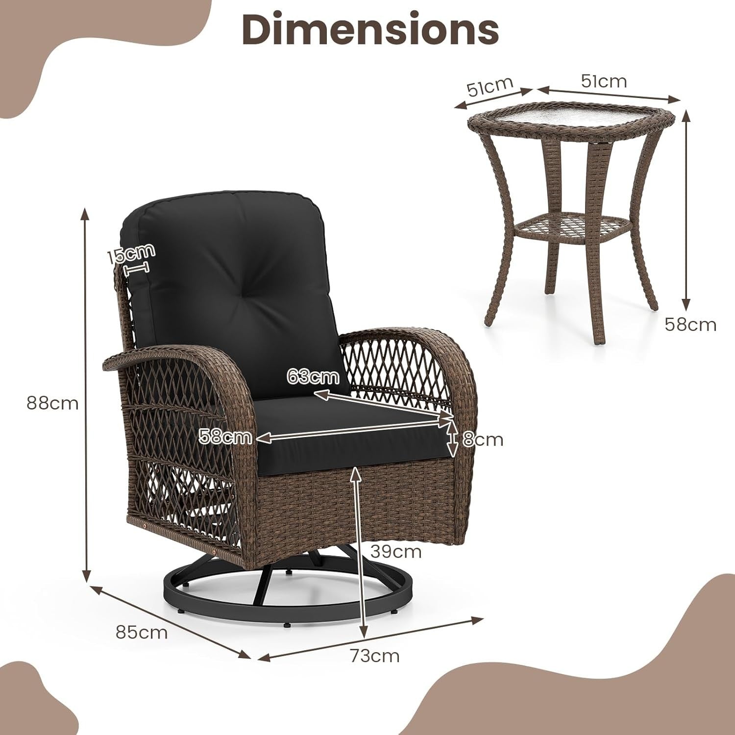 Luxury Swivel Rattan Bistro Set Reclining Chairs Coffee Table Garden Patio