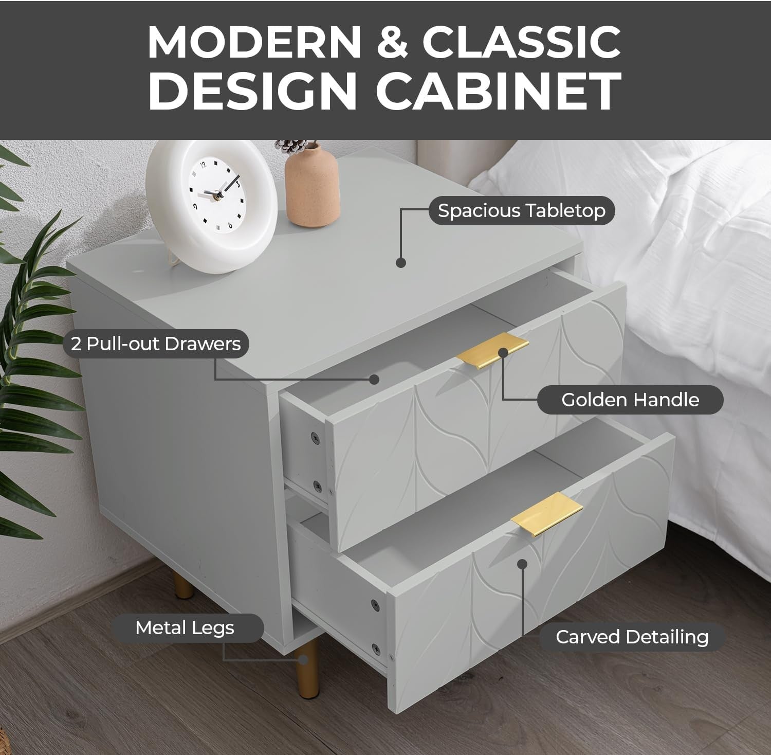 Modern Grey Bedside Table with Bronze Handles | 2 Drawer Nightstand