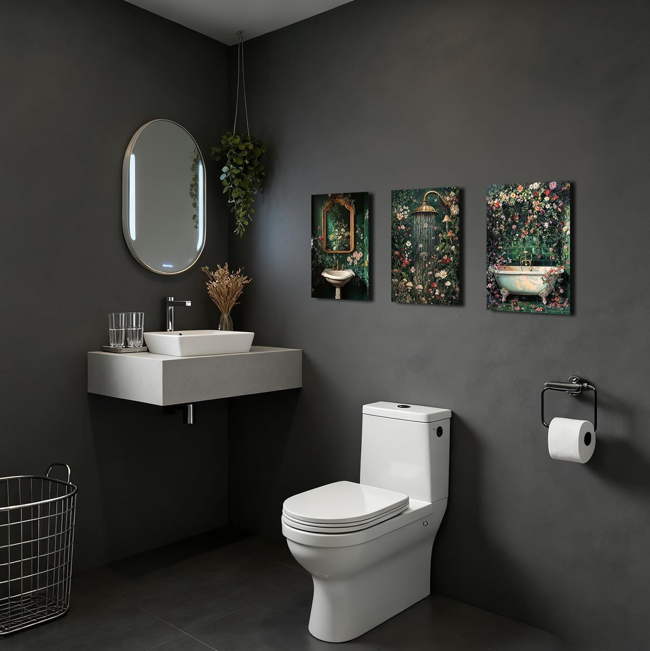 Dark Green Bathroom Wall Art 3 Piece Vintage Floral Canvas 11x14in