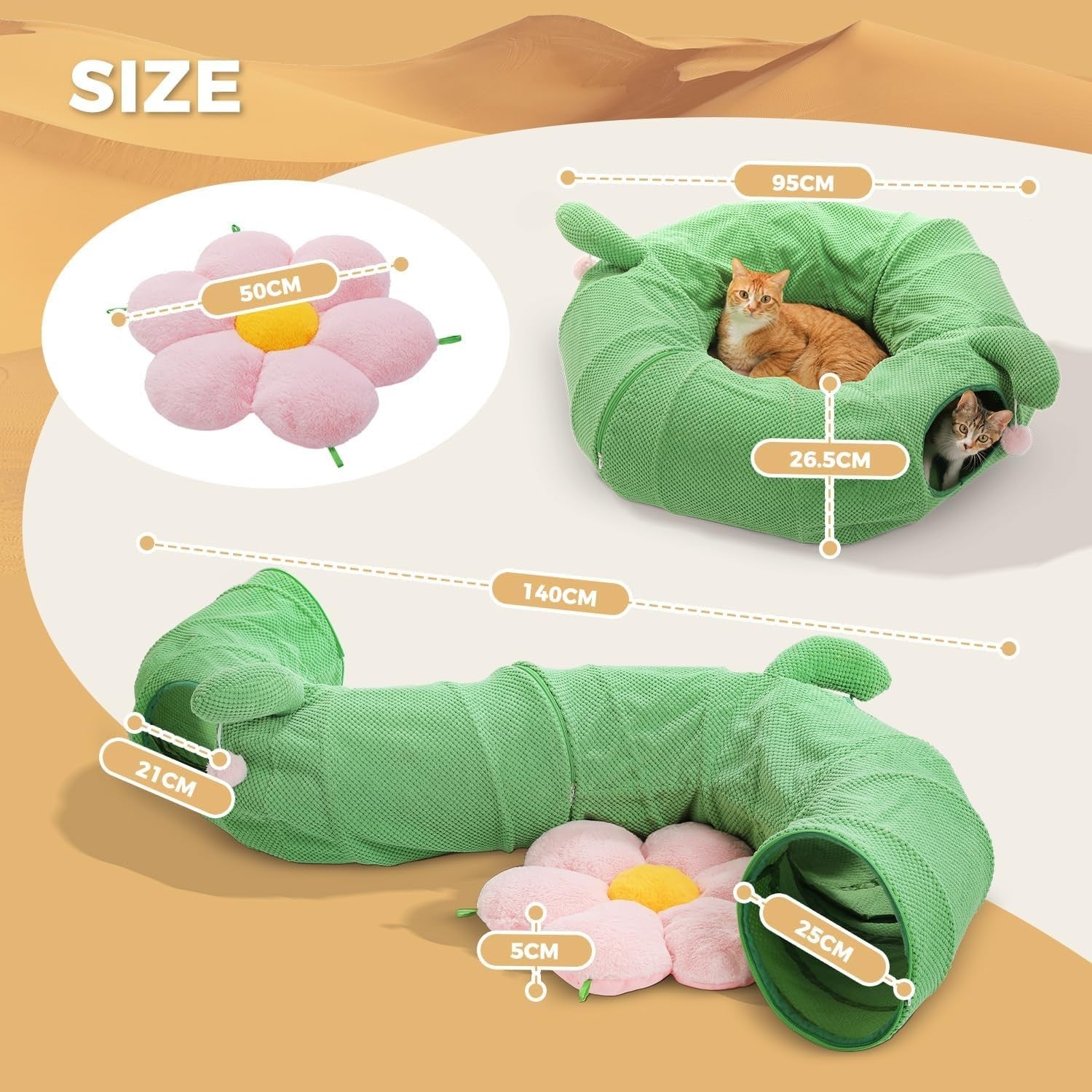 Cactus Cat Tunnel Bed Foldable Pet Play Tunnel w Cushion & Ball Toy