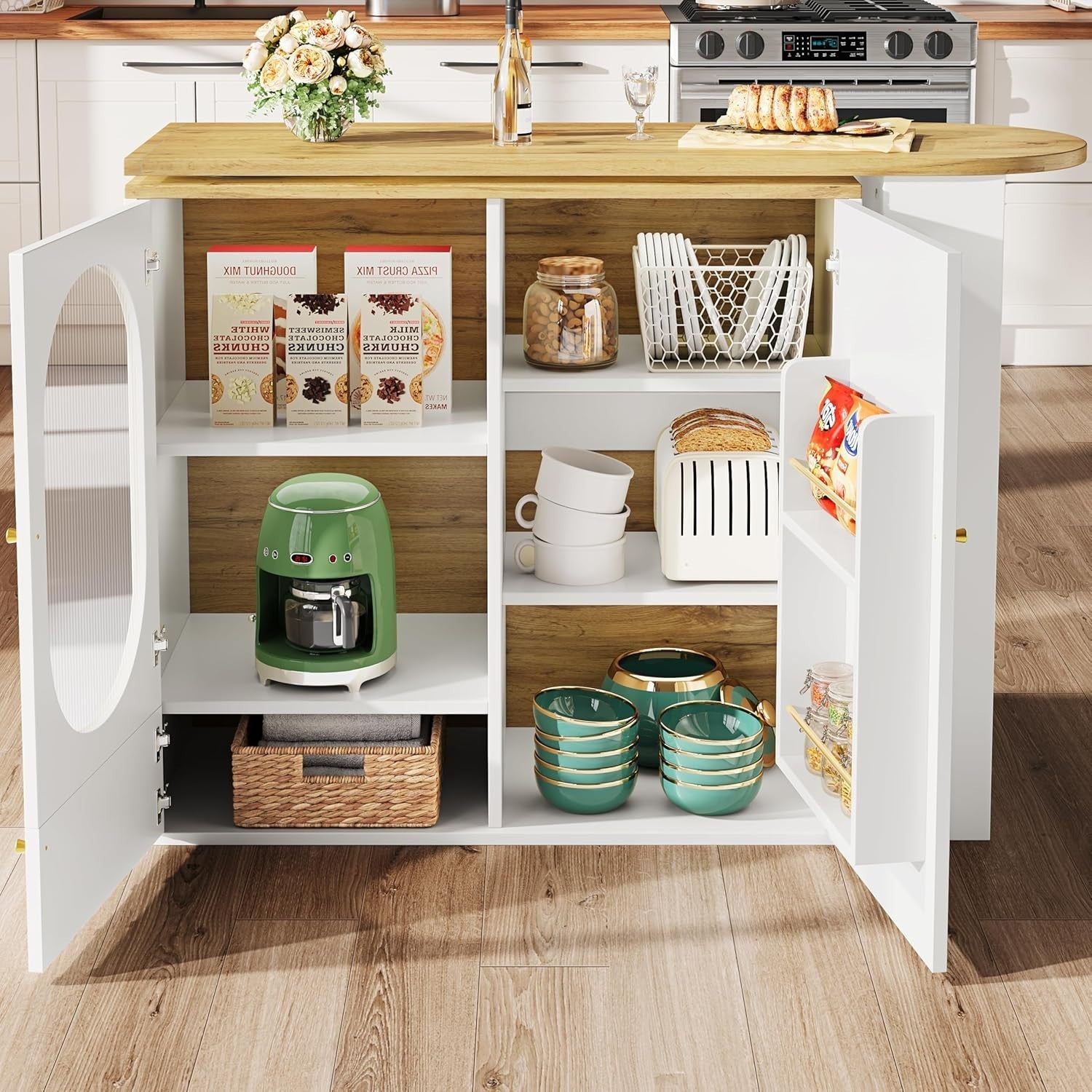 Modern Rotating Bar Table Kitchen Island with Storage & Display Shelves – White