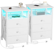 Set of 2 White LED Bedside Tables with Charging Station & 3 Fabric Drawers Moder