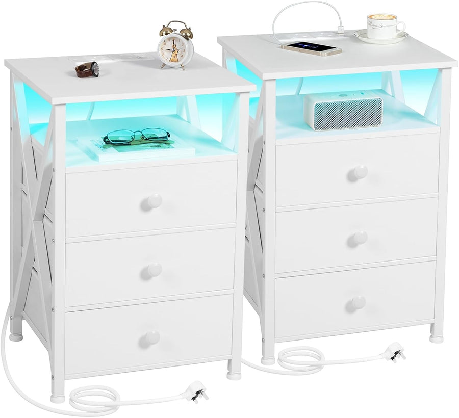 Set of 2 White LED Bedside Tables with Charging Station & 3 Fabric Drawers Moder