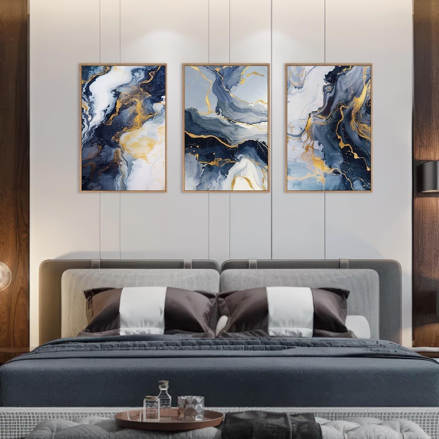 Blue Abstract Framed Canvas Wall Art Set 3 Modern Gold Navy Decor 16x24