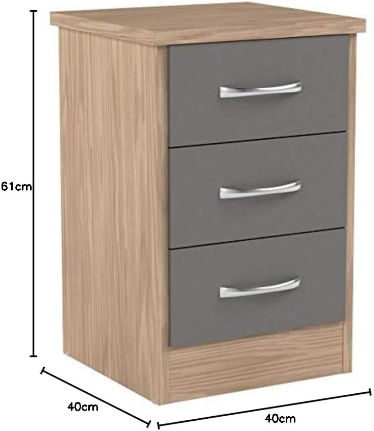 3 Drawer Grey Gloss Bedside Table – Modern Light Oak Nightstand