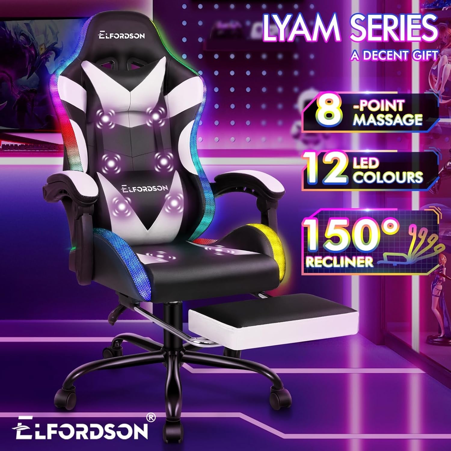 White LED Gaming Chair RGB 8-Point Massage Recliner w/ Footrest