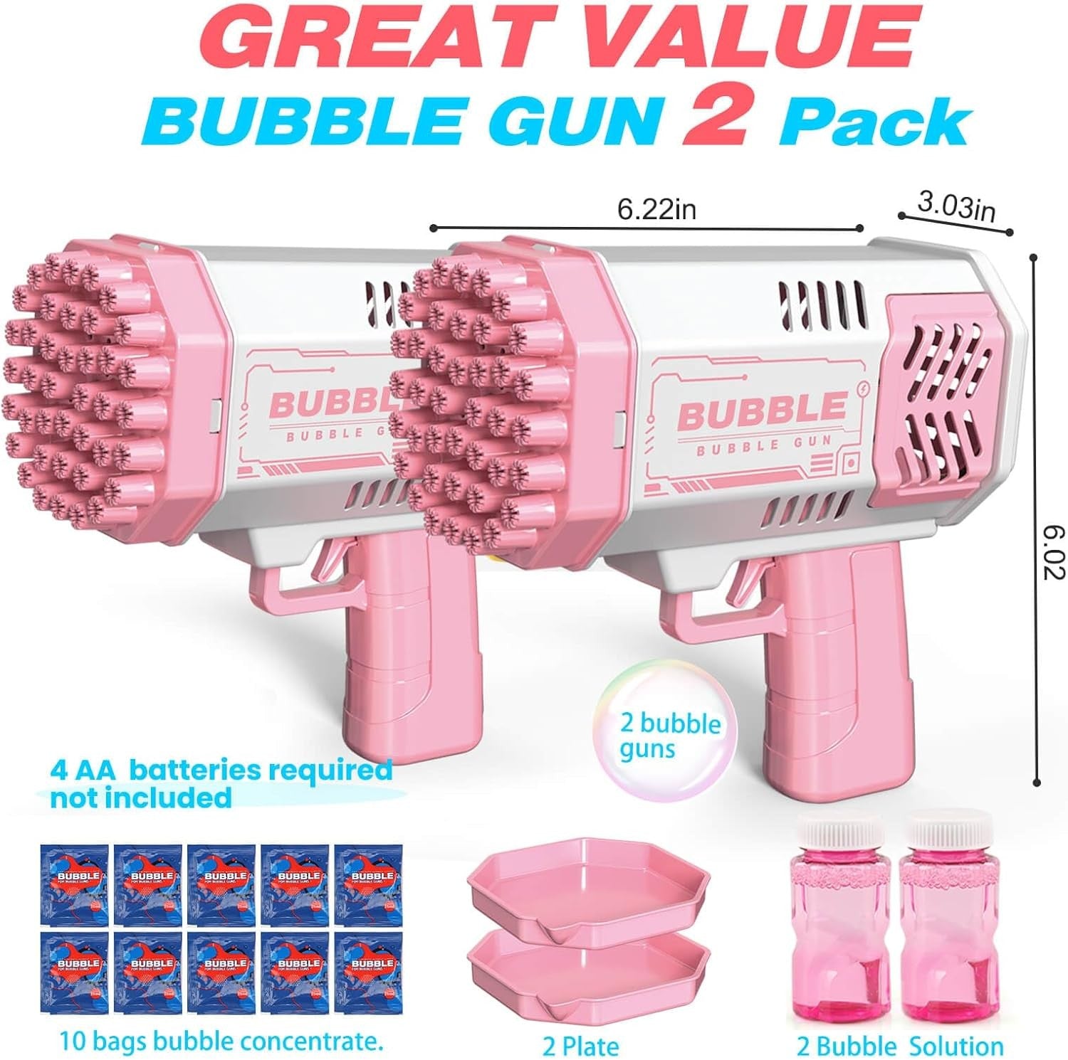2 Pack Bubble Guns Kids Toy Set with Lights Pink