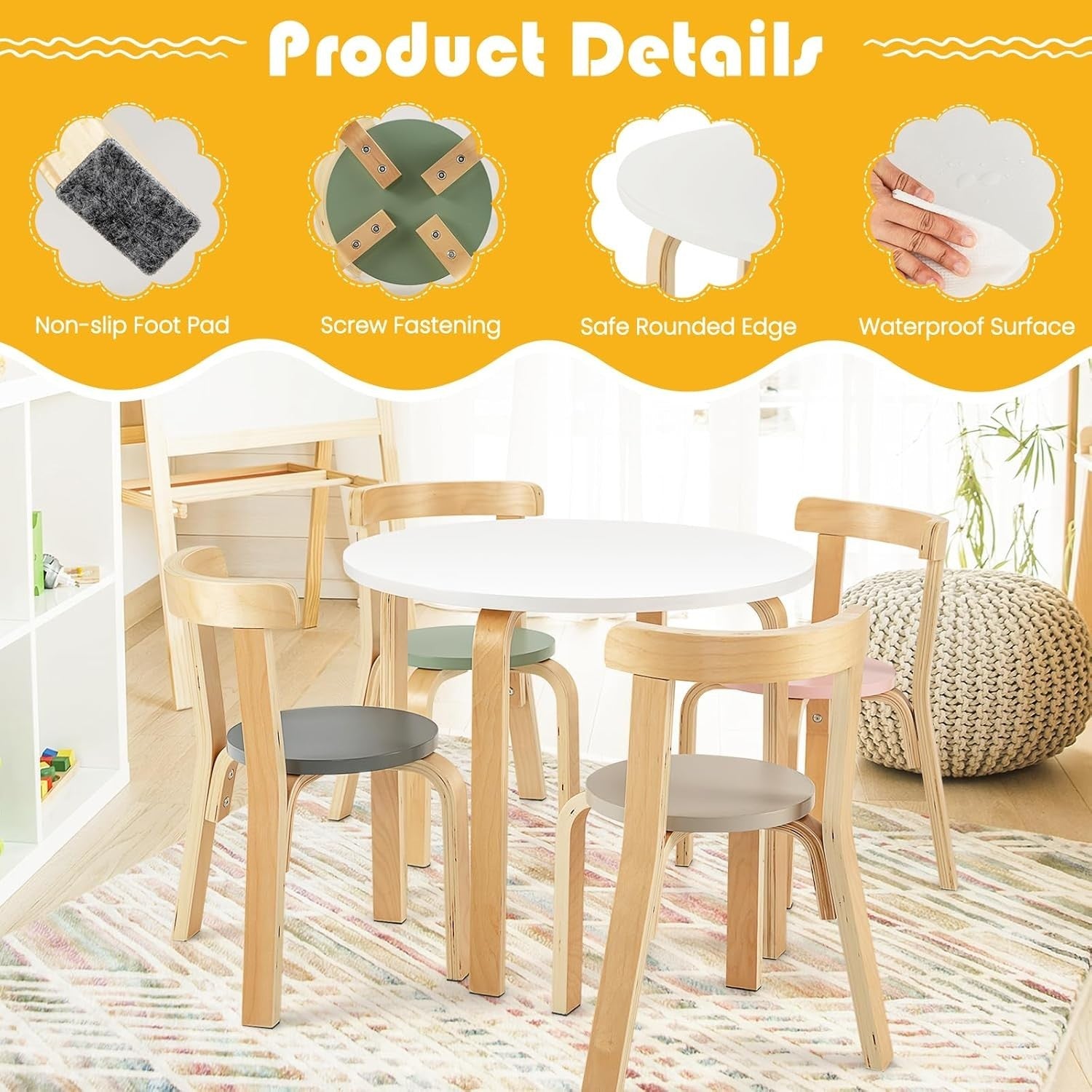 Kids 5-Piece Table & Chair Set, Wooden Round Activity Furniture for Play & Learn