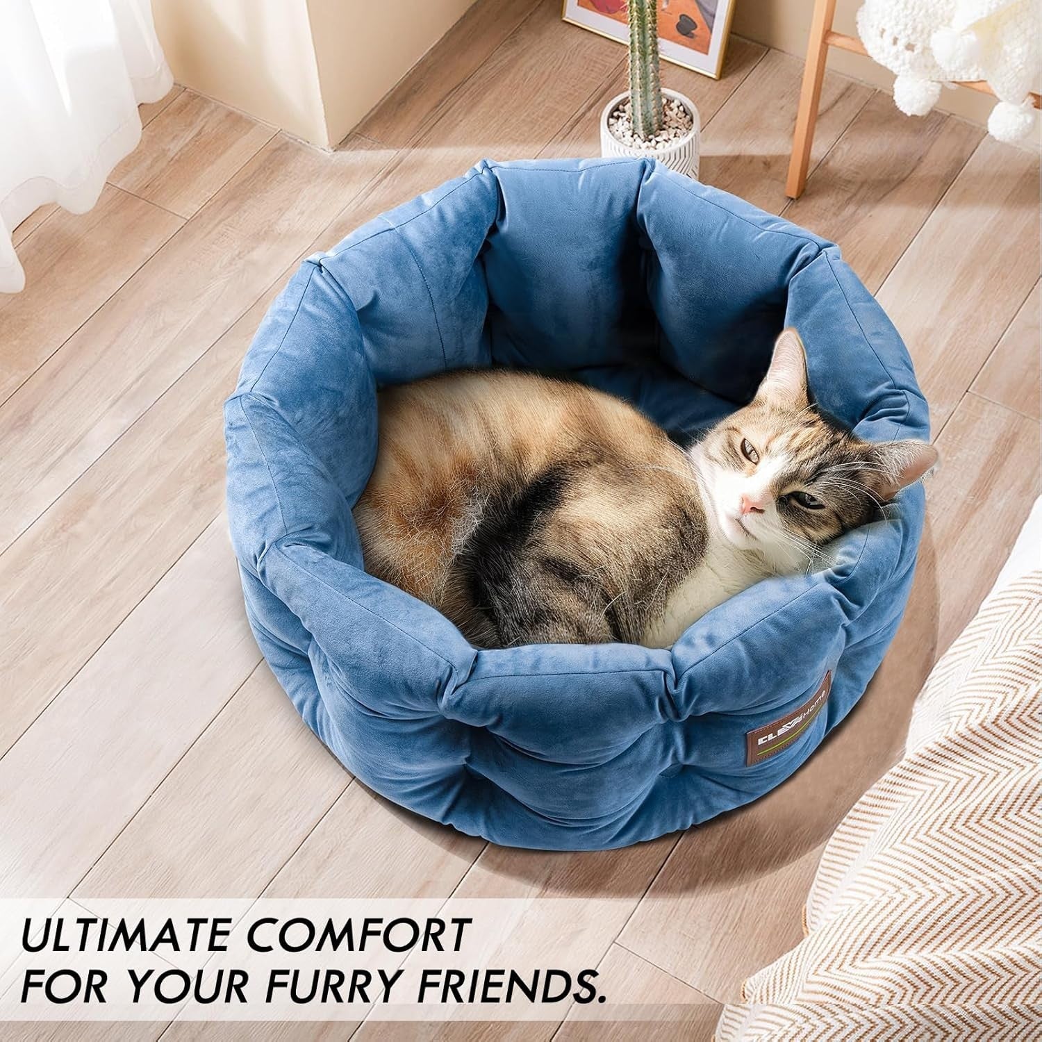 Deep Nest Cat Bed Round Plush Velvet Pet Bed High Sides Non Slip