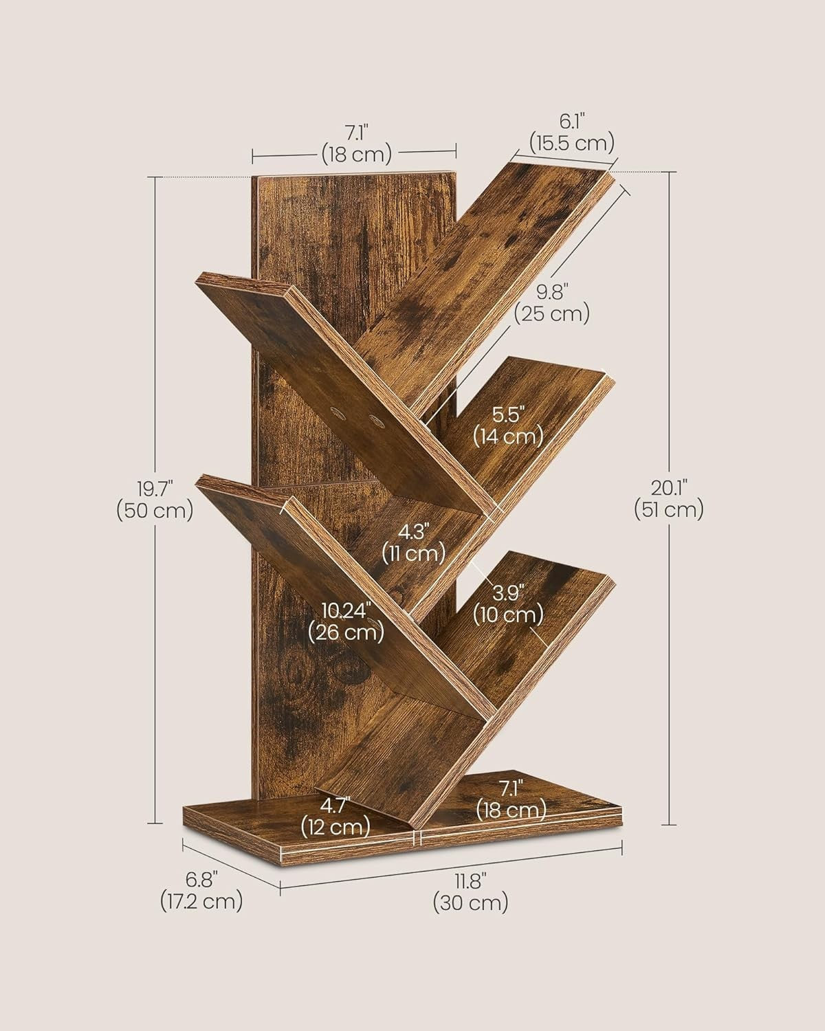 5 Tier Tree Bookshelf Rustic Brown Small Corner Bookcase Space Saving 51cm