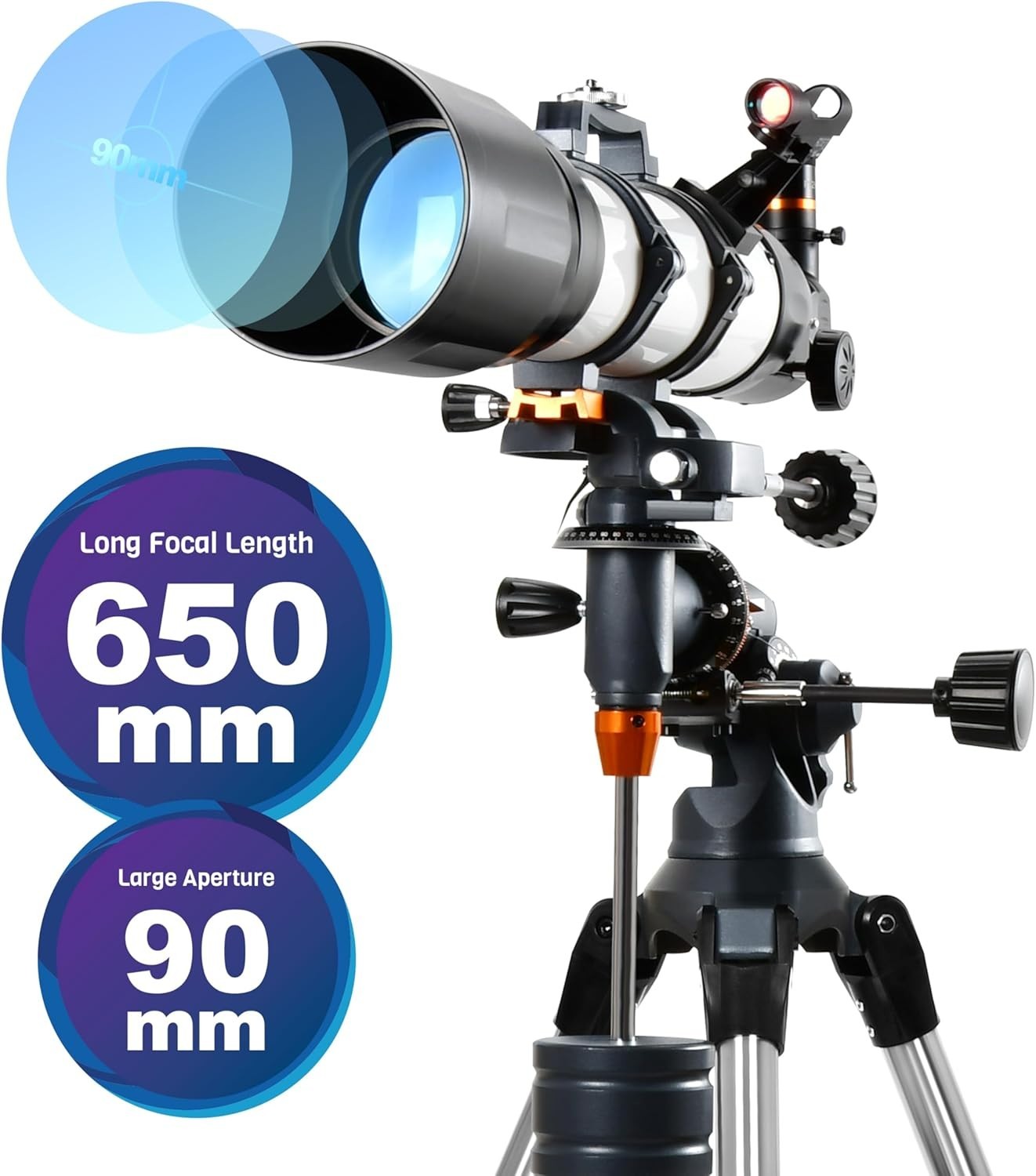 90mm Refractor Telescope 650mm for Adults & Beginners with EQ Mount