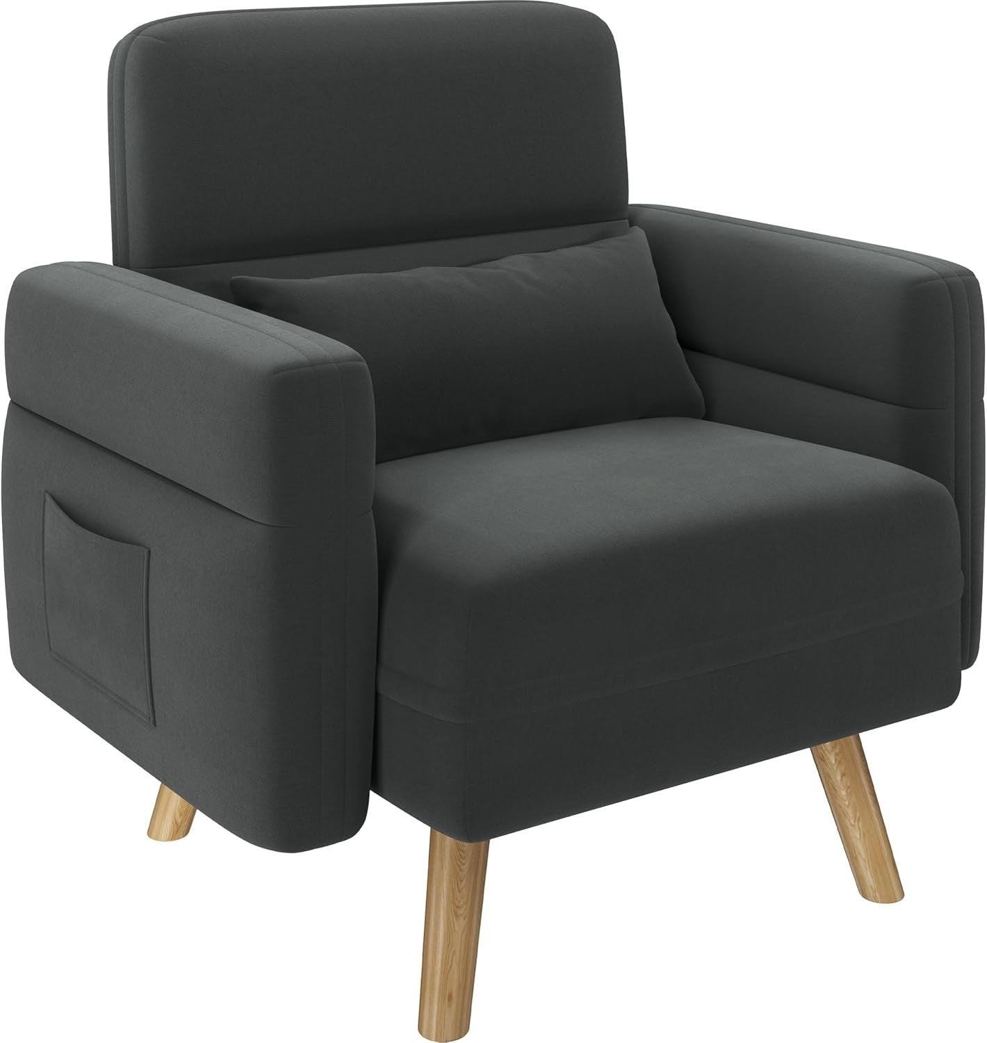 Compact Dark Grey Fabric Armchair with Storage Pockets & Tapered Legs