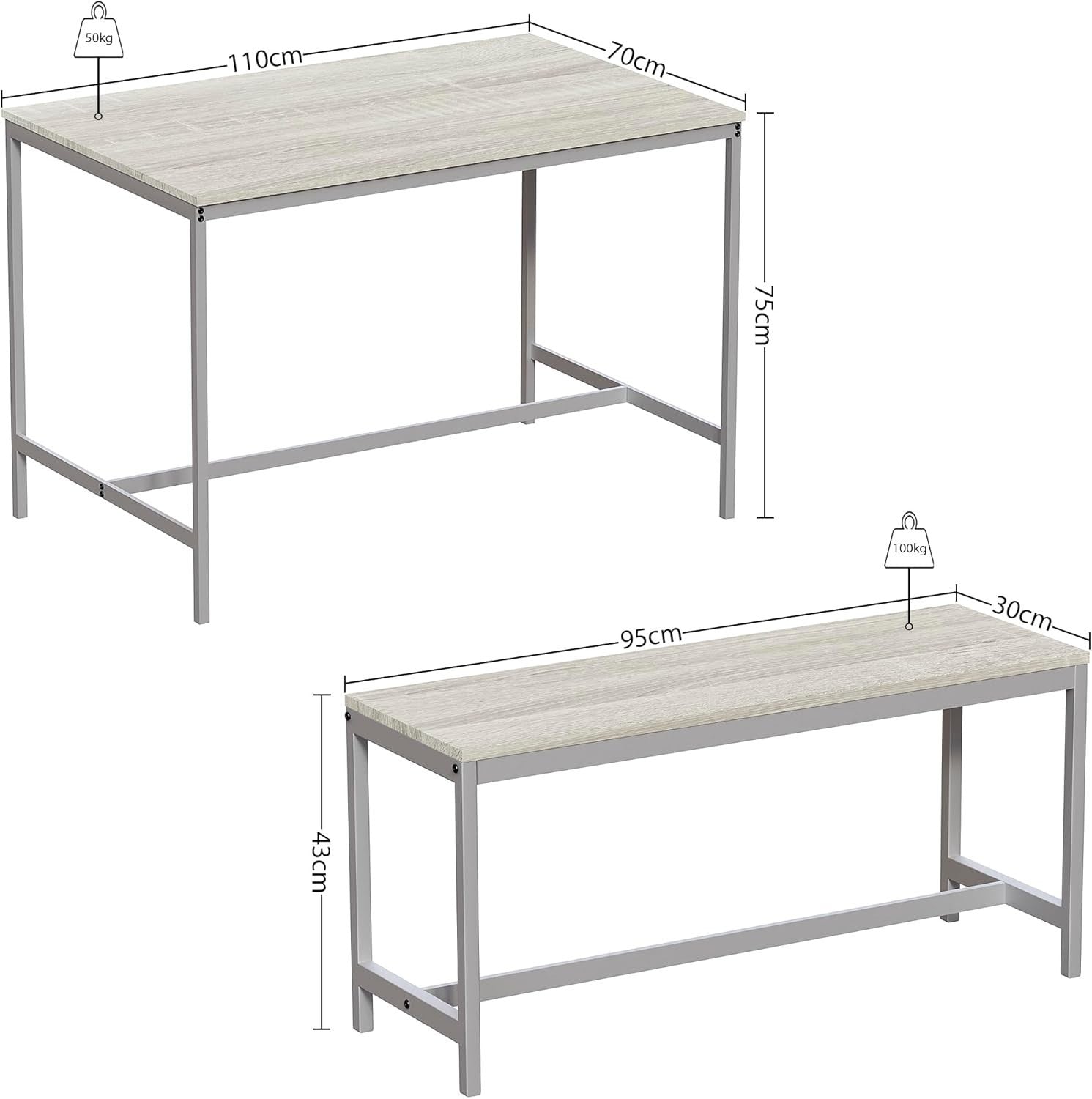 4 Seater Dining Table & Benches Set - Oak Wood Top, Compact Metal Frame