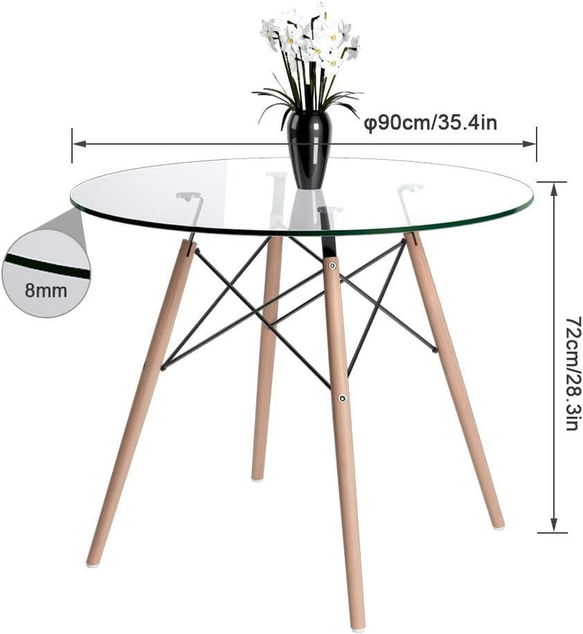 Round Glass Dining Table 90cm Tempered Top Eiffel Wood Legs Modern Kitchen