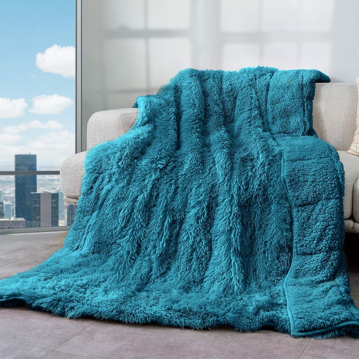 12lbs Weighted Blanket Teal Green 60x80" Faux Fur & Sherpa for Queen Bed