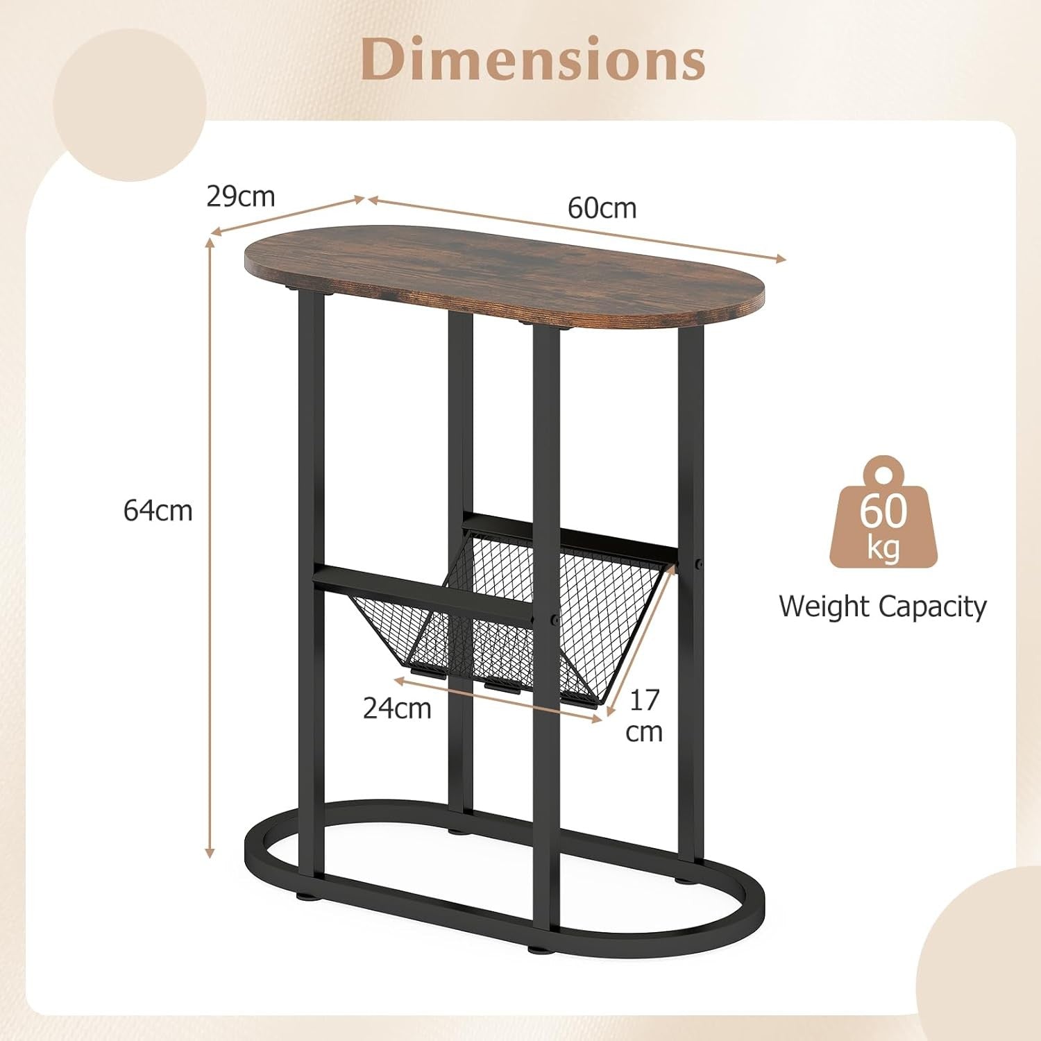 Slim Oval Side Table Set 2-Tier Metal Frame with Magazine Holder Small Space