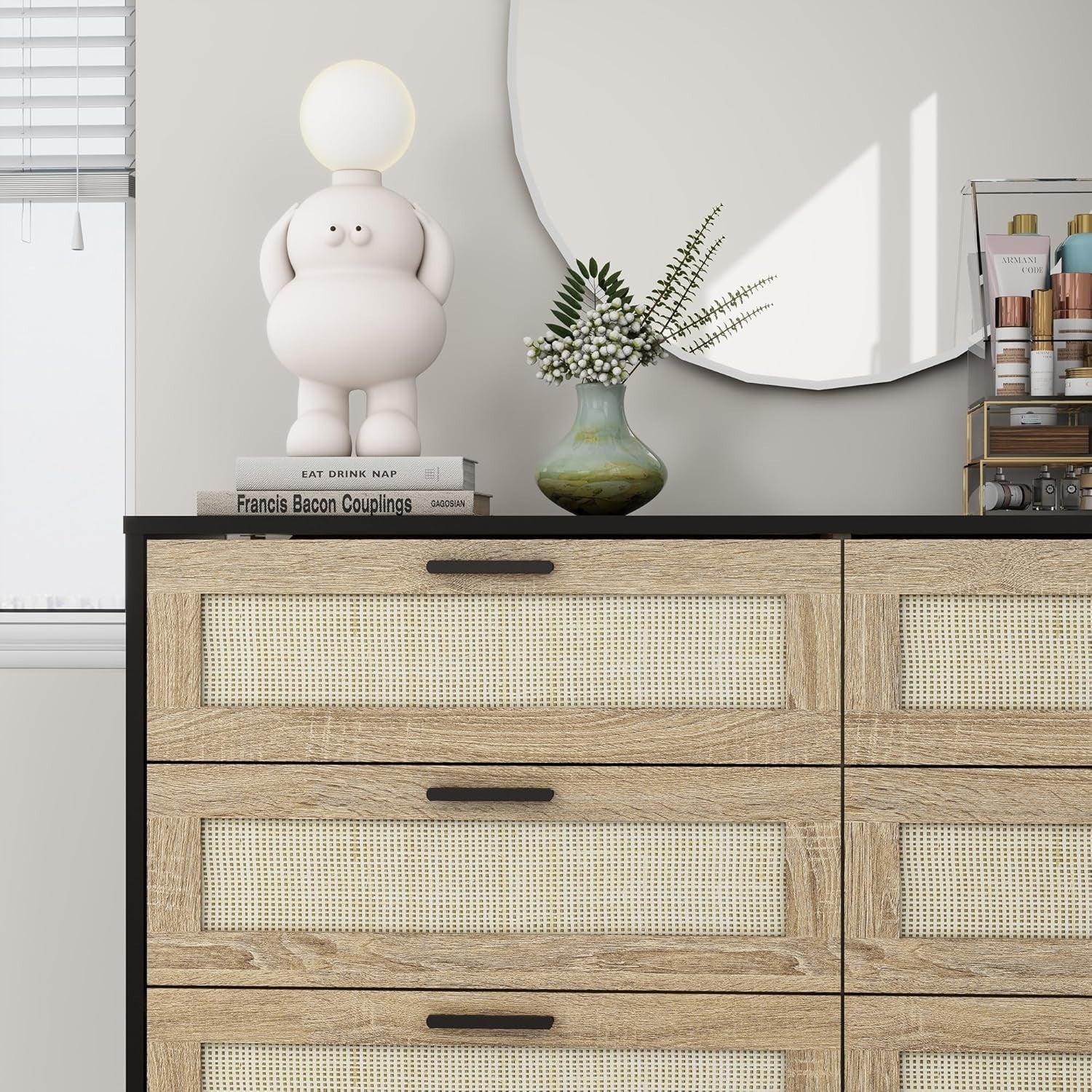 Black Rattan Chest of Drawers 6 Drawer Storage Cabinet for Bedroom