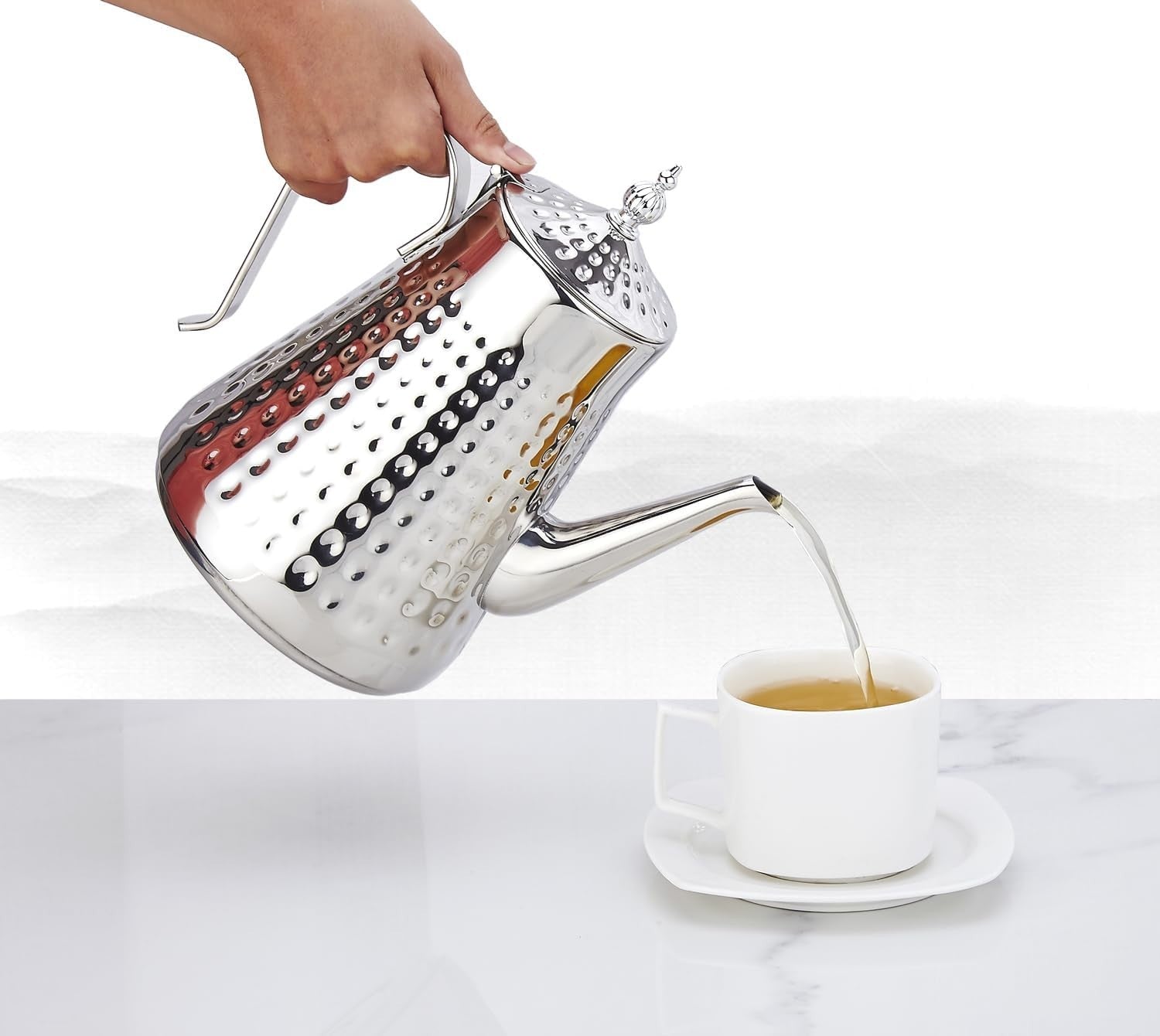 Stainless Steel Teapot 60oz 1.8L Tea Pot w/ Infuser Hammered Finish