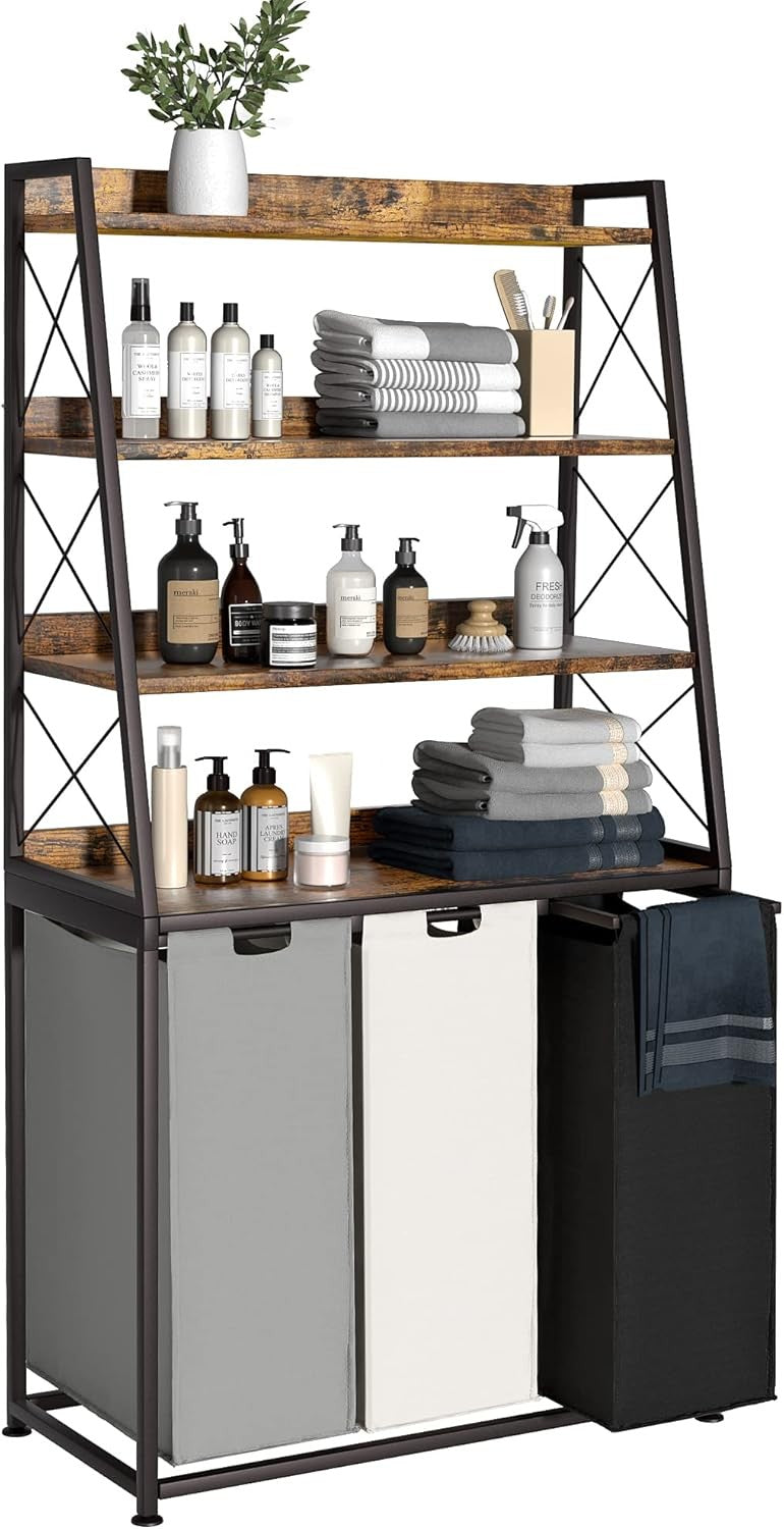 3 Section Laundry Hamper with 4 Tier Shelf Rustic Brown Unit Removable Bags Whee