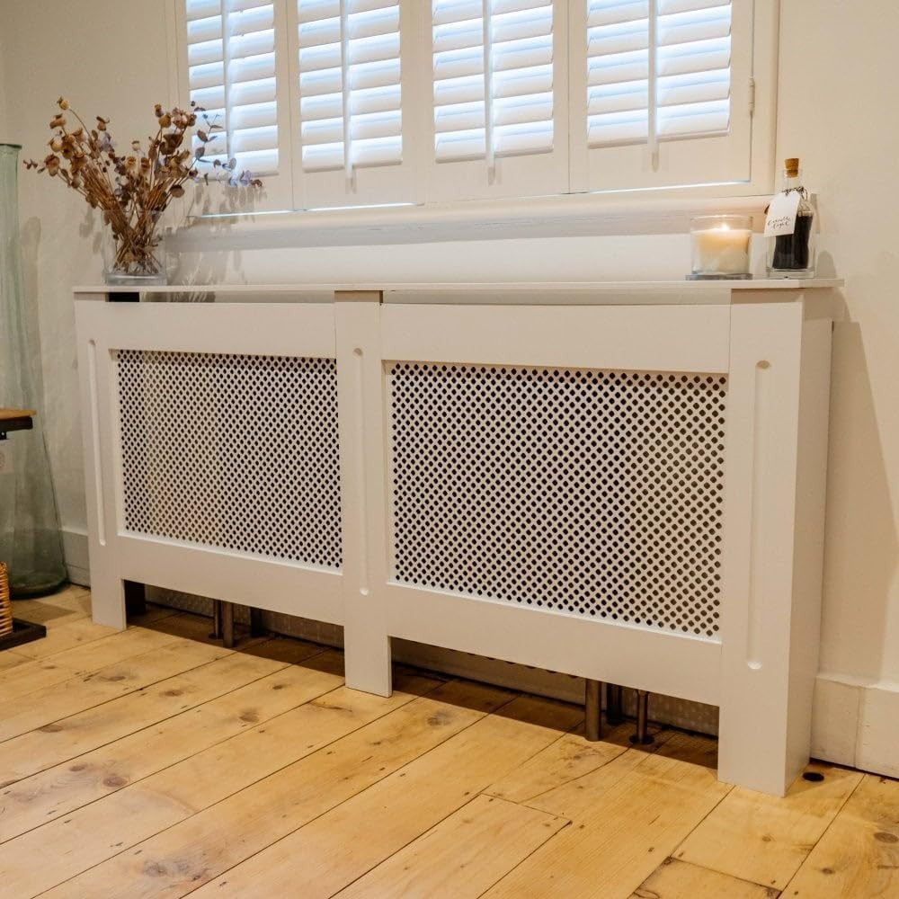 White Radiator Cover Cabinet Large | Modern MDF Wood | Diamond Slat Heater Cover