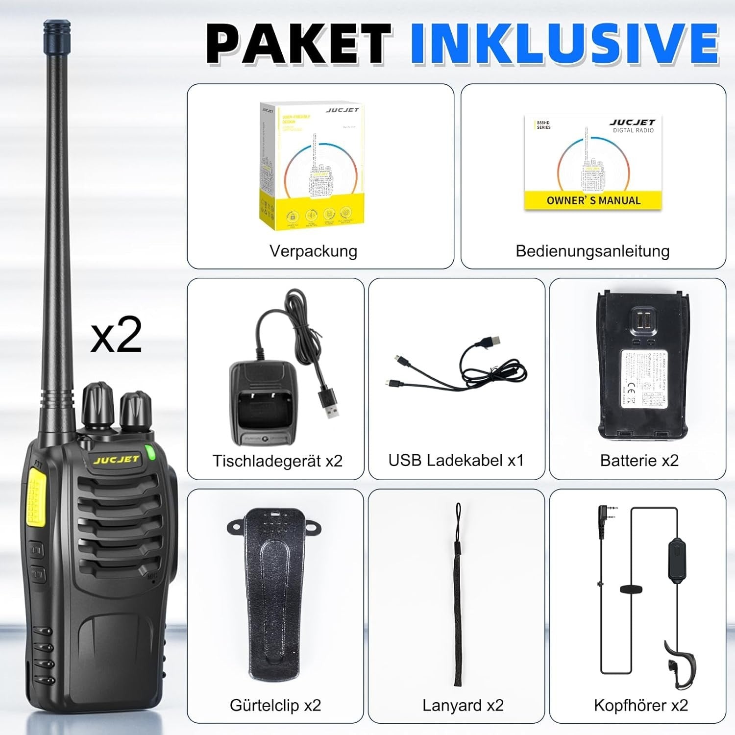 888HD Walkie Talkies 2 Pack Long Range 16CH UHF 2 Way Radios