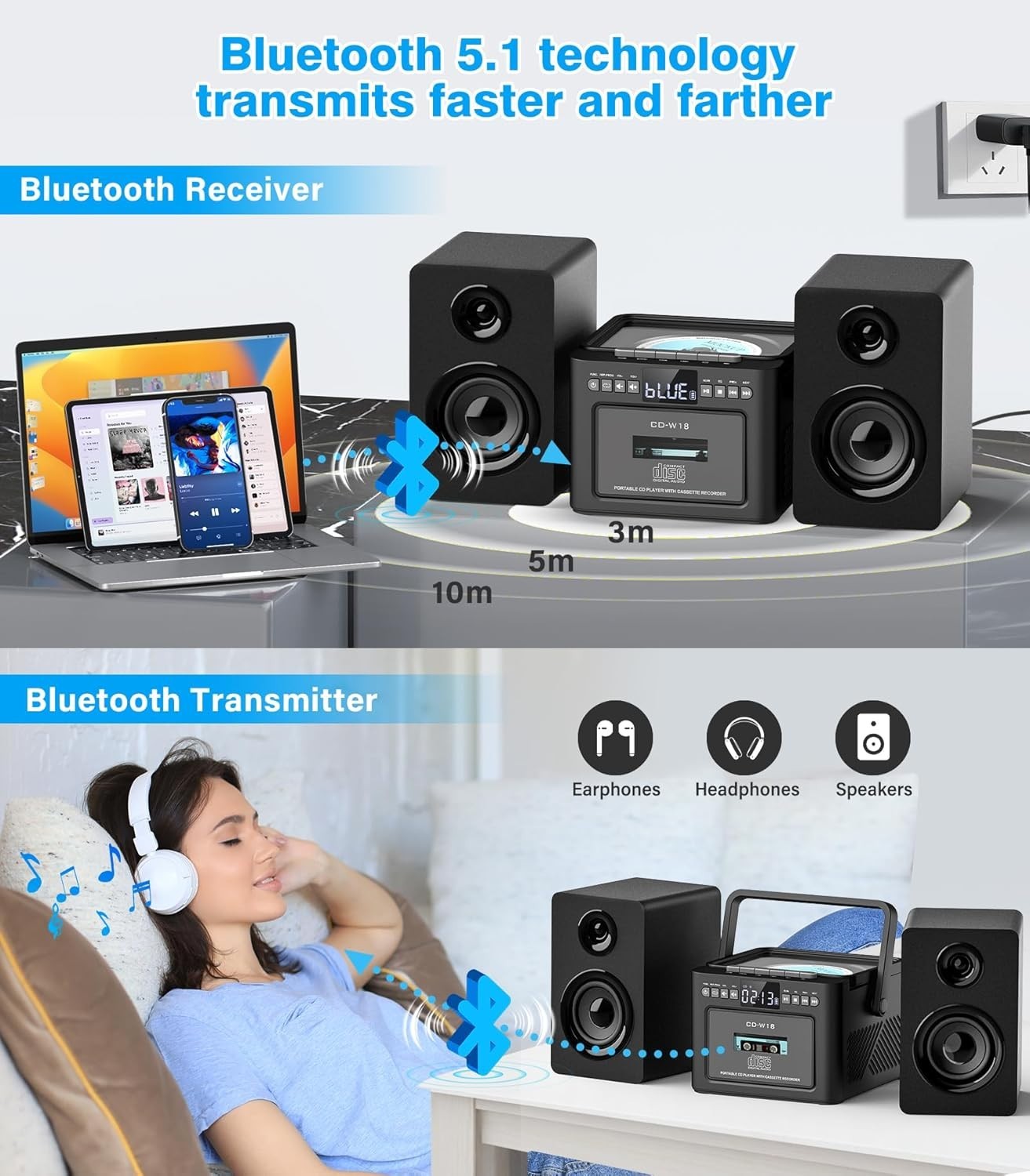 40W CD Cassette Player Hi-Fi System | Bluetooth, FM, USB, AUX, Remote Control