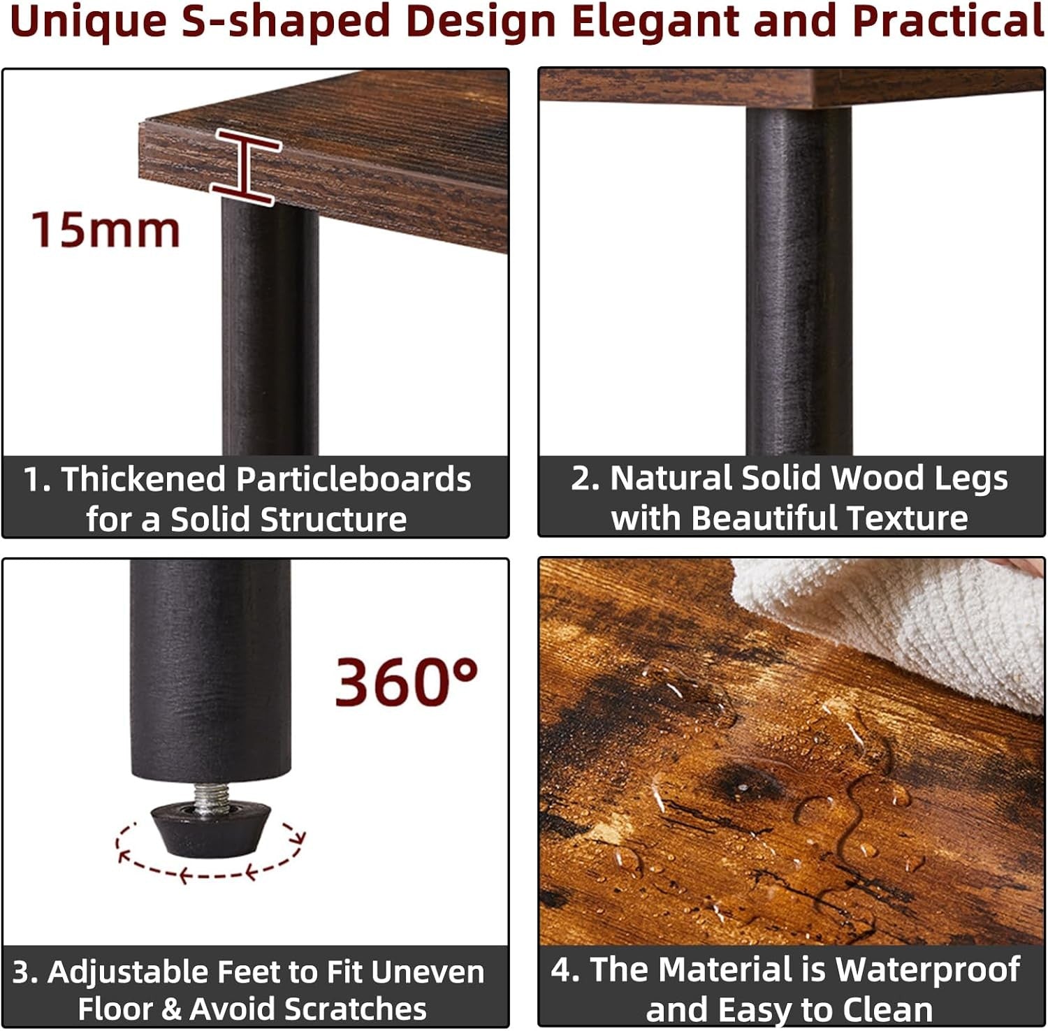Rustic Brown 3-Tier S-Shape Side Table with Storage Shelves & Black Legs