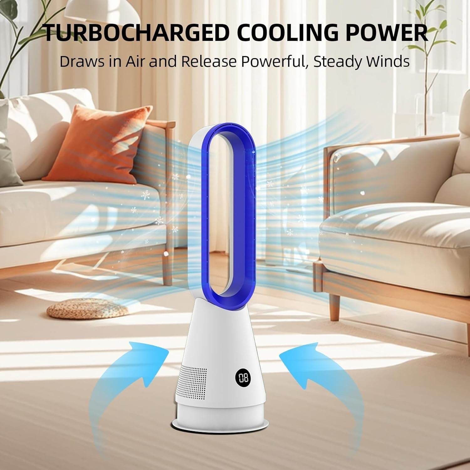 Grey Bladeless Tower Fan 8-Speed LED Display Quiet Cooling 9H Timer 32dB Modern