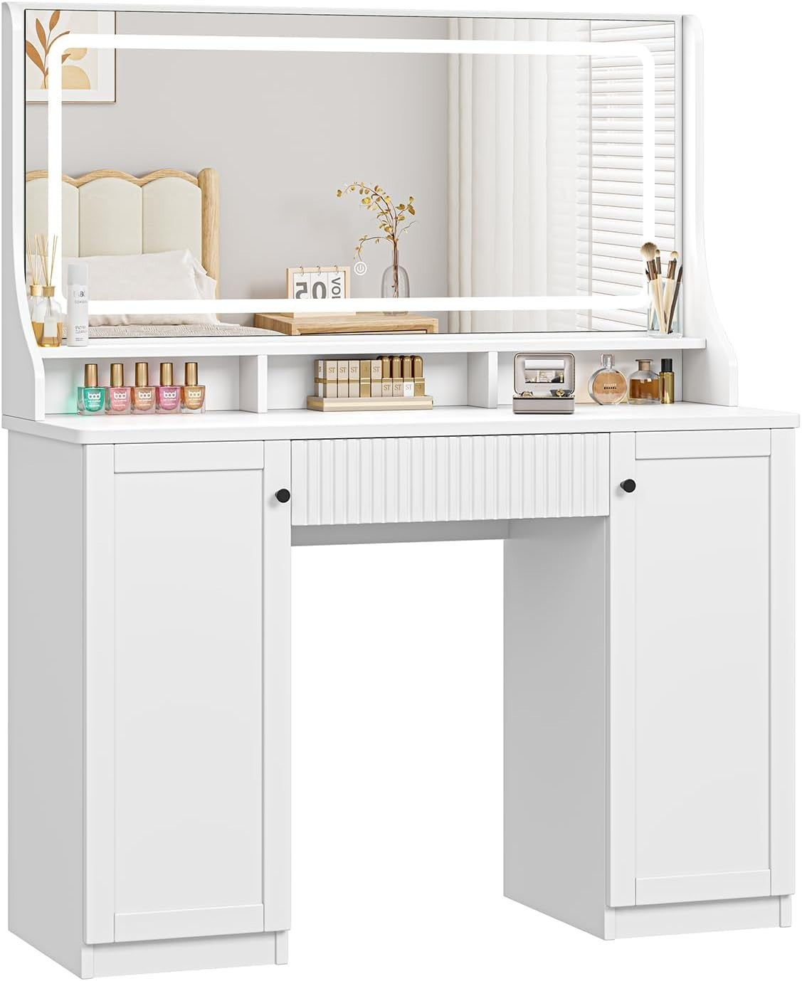 Large White Vanity Dressing Table Mirror LED Lights Storage Power Strip USB