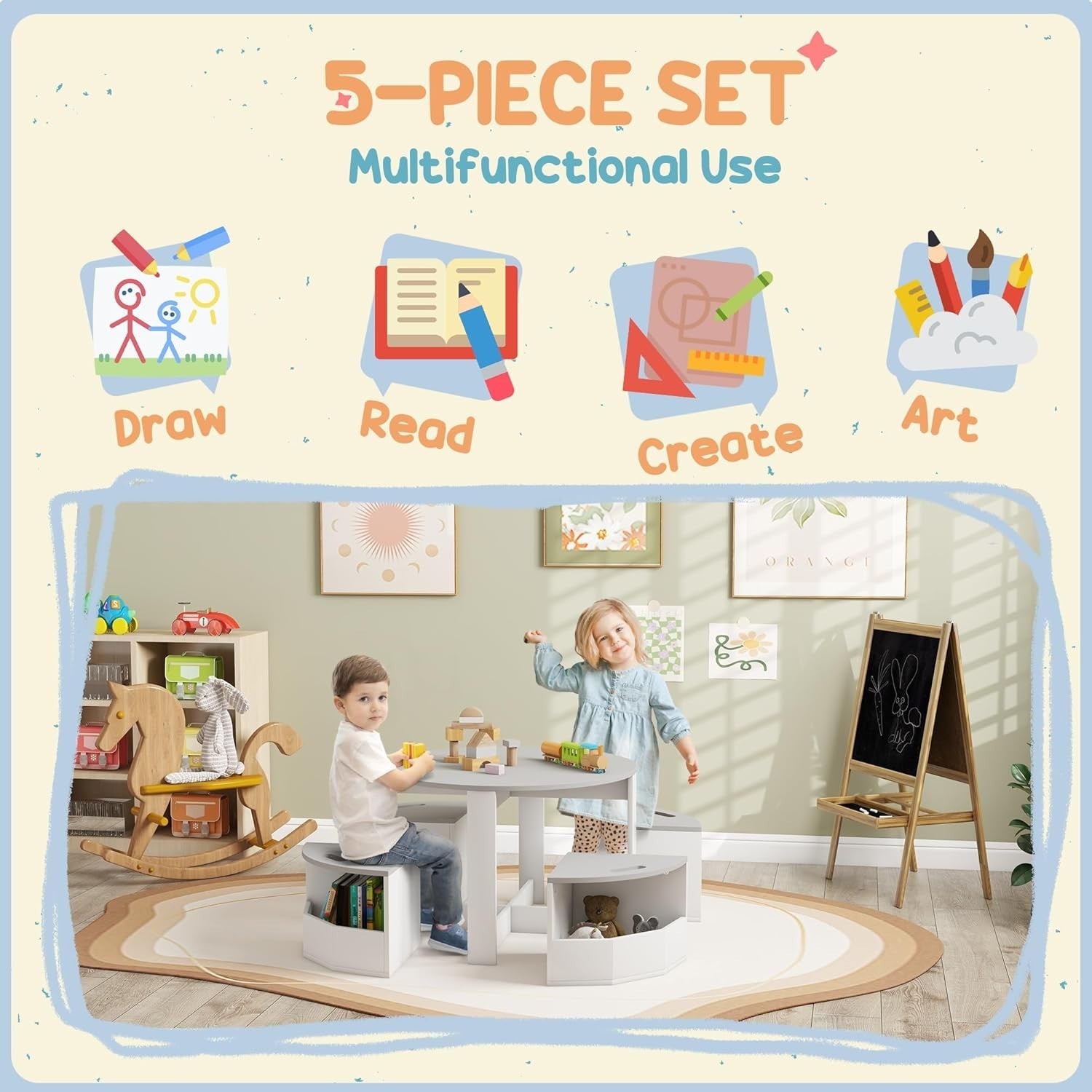 Kids Table and 4 Chairs with Storage Set Grey Round Playroom Activity Desk