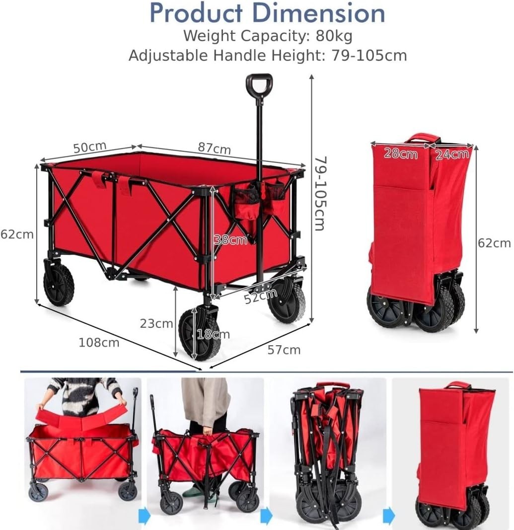 Red Foldable Wagon Cart Collapsible Garden Trailer w/ Adjustable Handle
